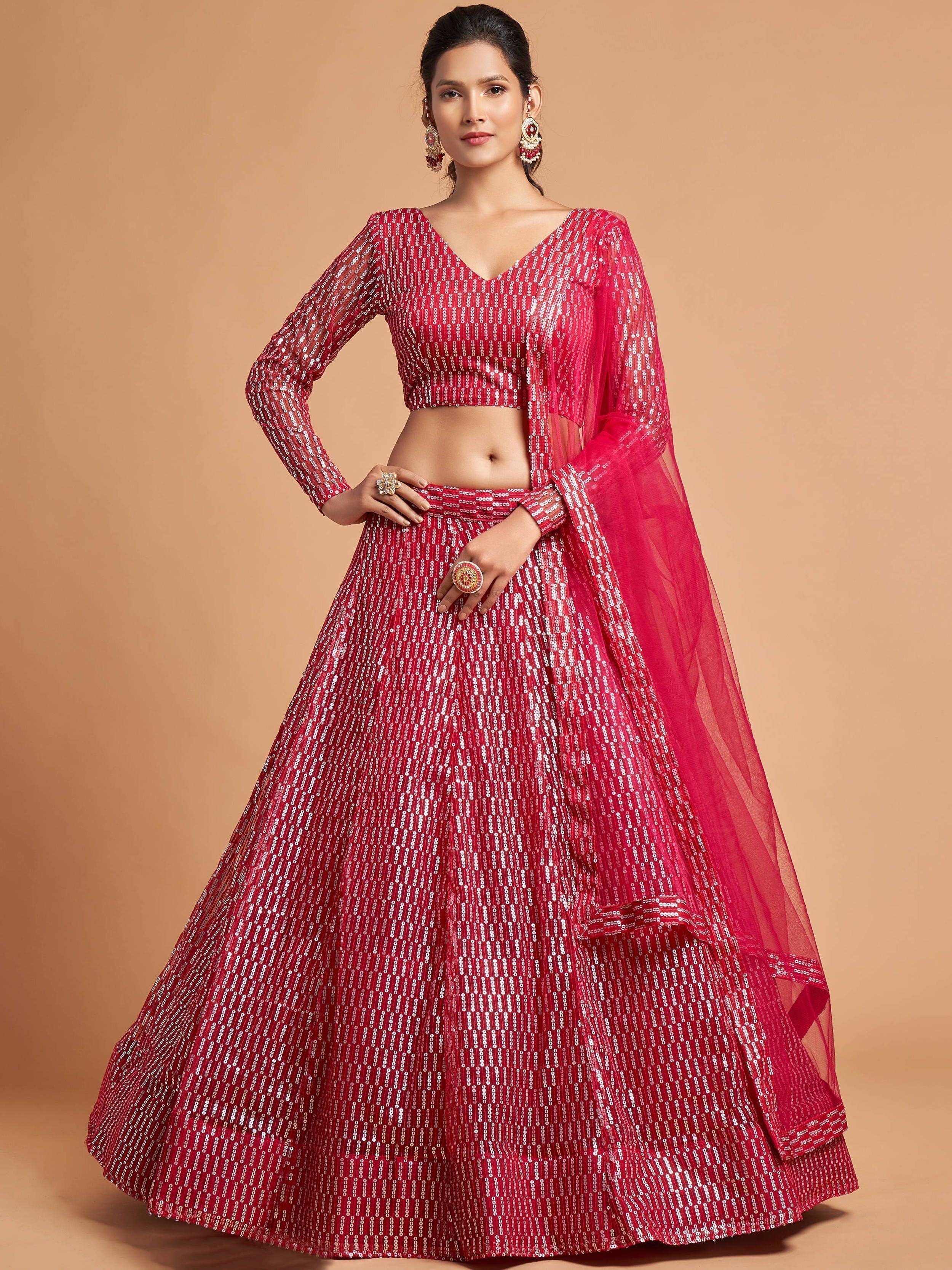 Hot Pink Hot Thread Embroidered Net Party Wear Lehenga Choli