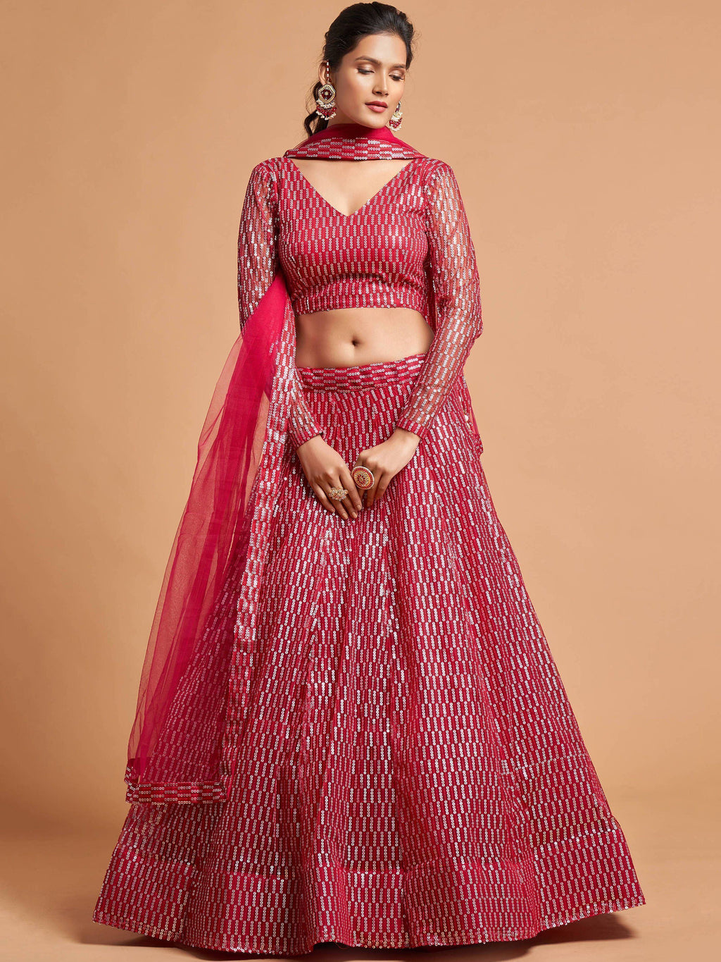 Hot Pink Hot Thread Embroidered Net Party Wear Lehenga Choli