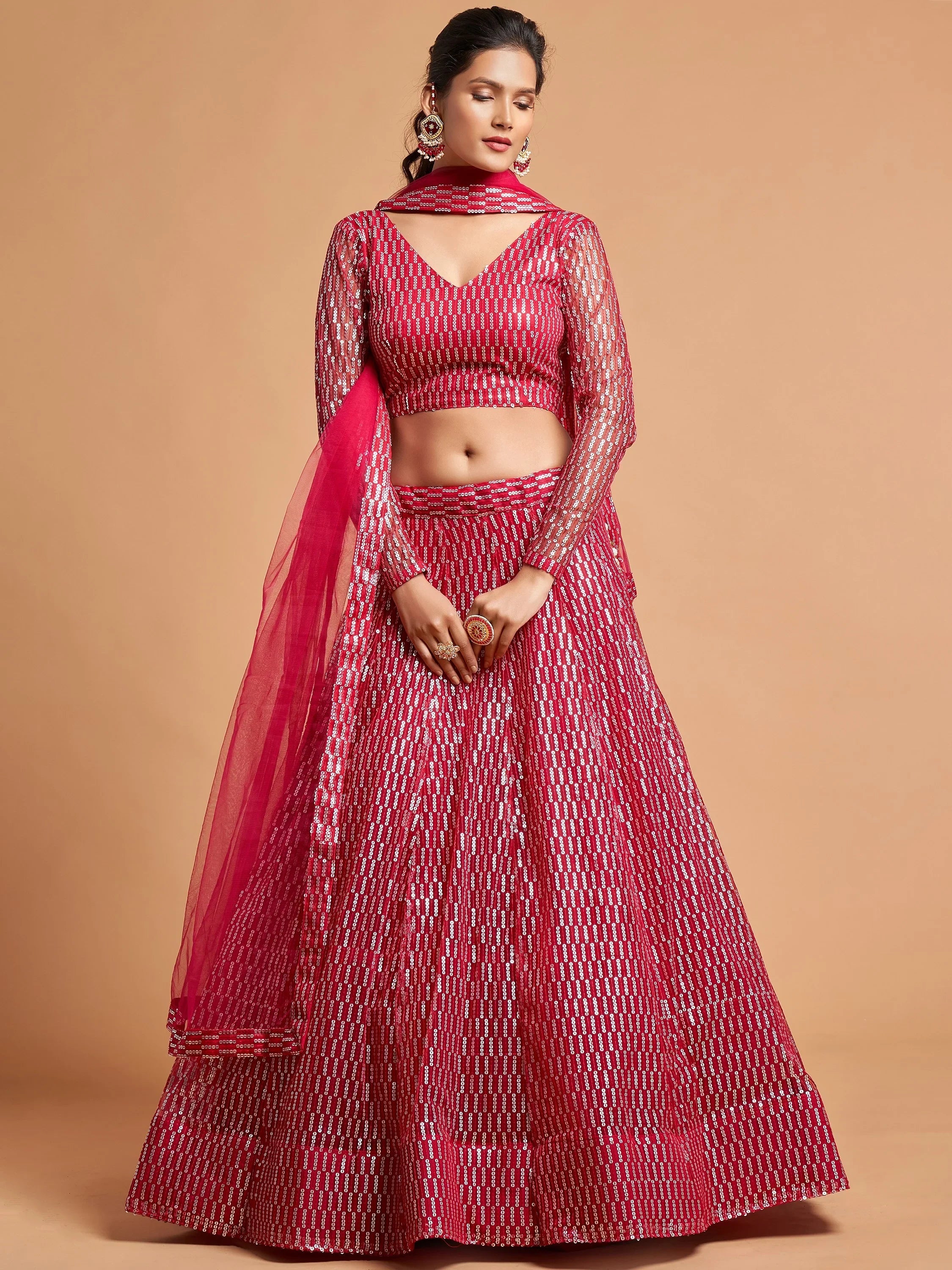 Pink Hot Thread Embroidered Net Party Wear Lehenga Choli