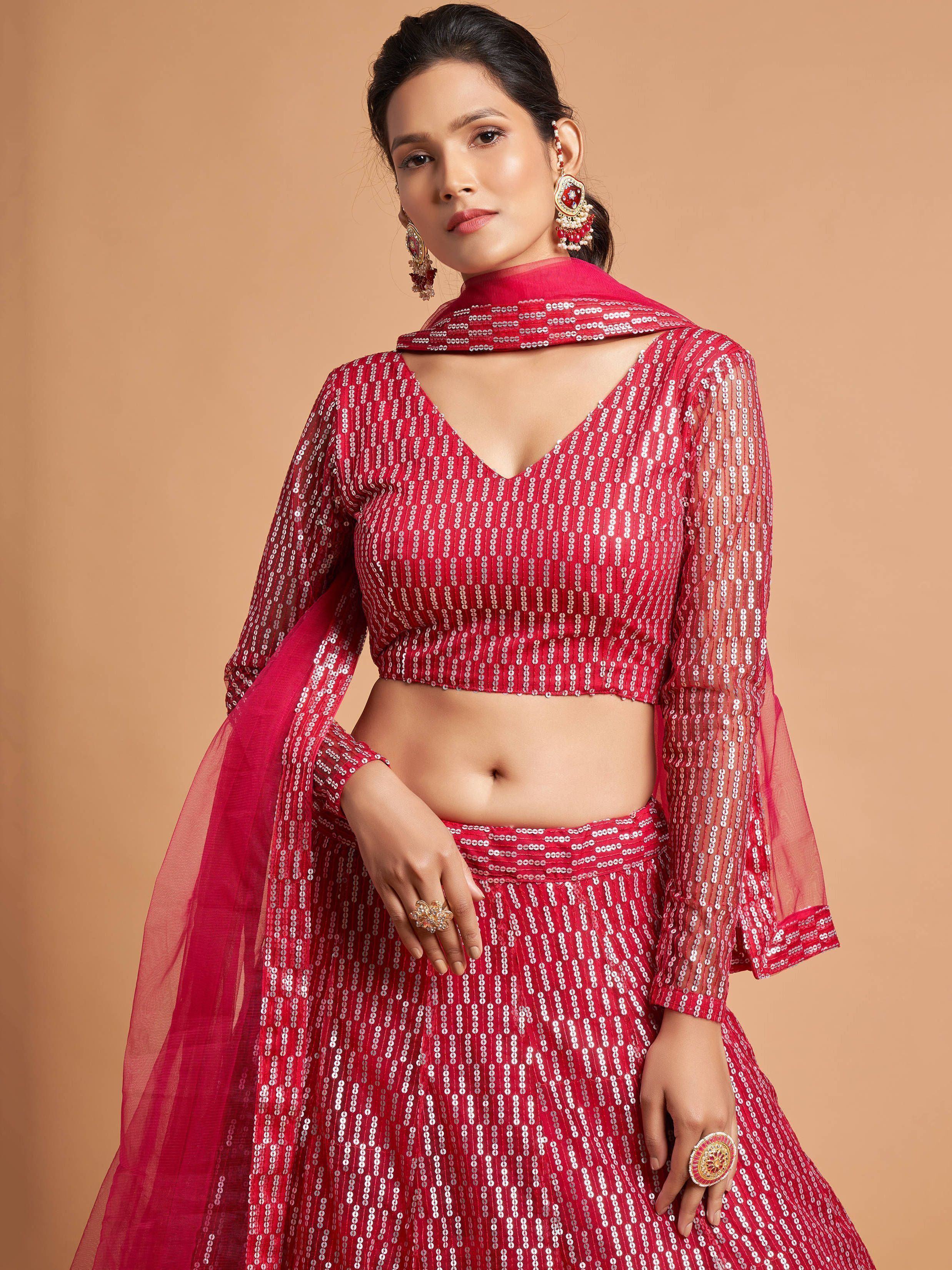 Hot Pink Hot Thread Embroidered Net Party Wear Lehenga Choli