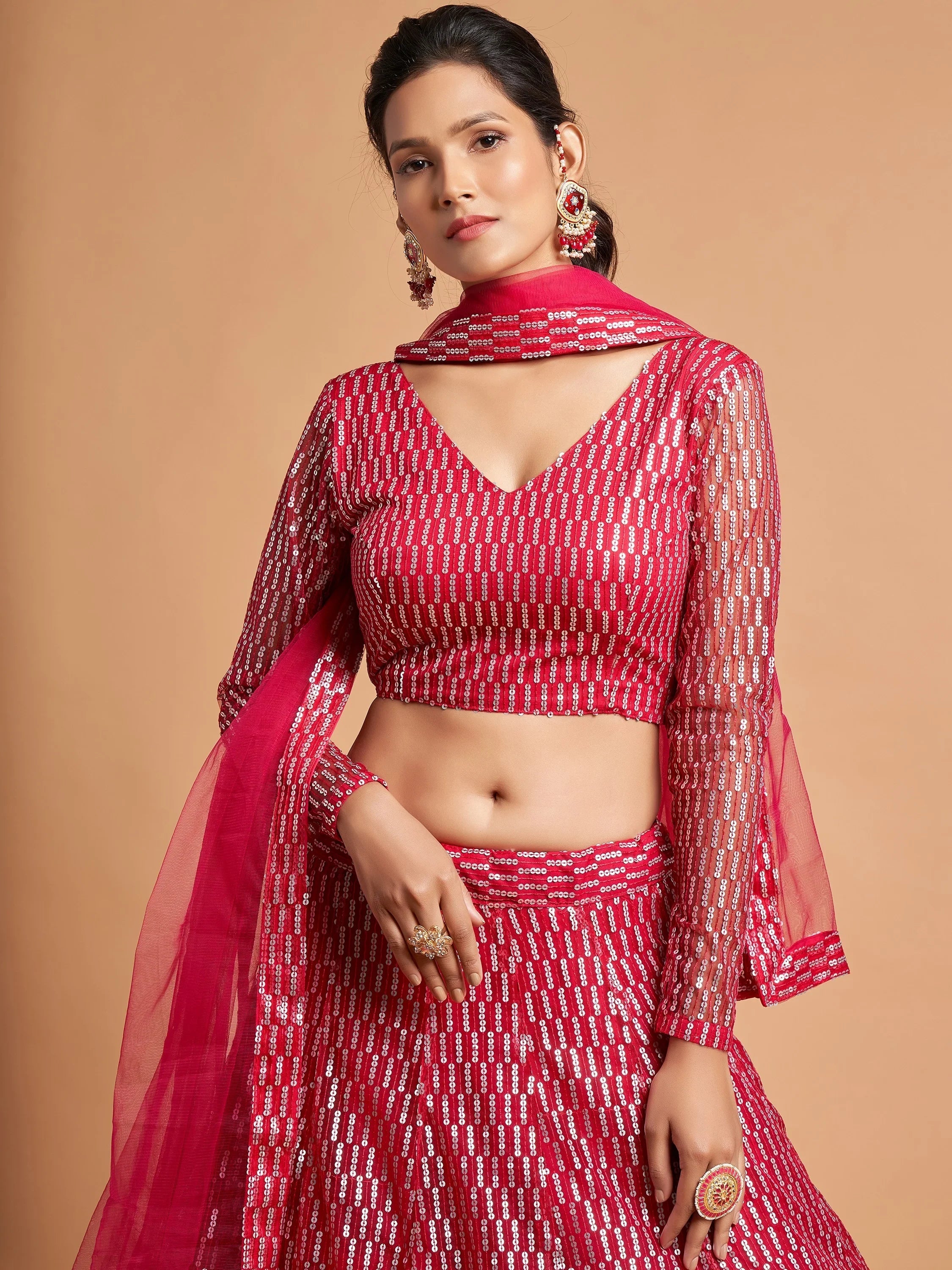 Pink Hot Thread Embroidered Net Party Wear Lehenga Choli