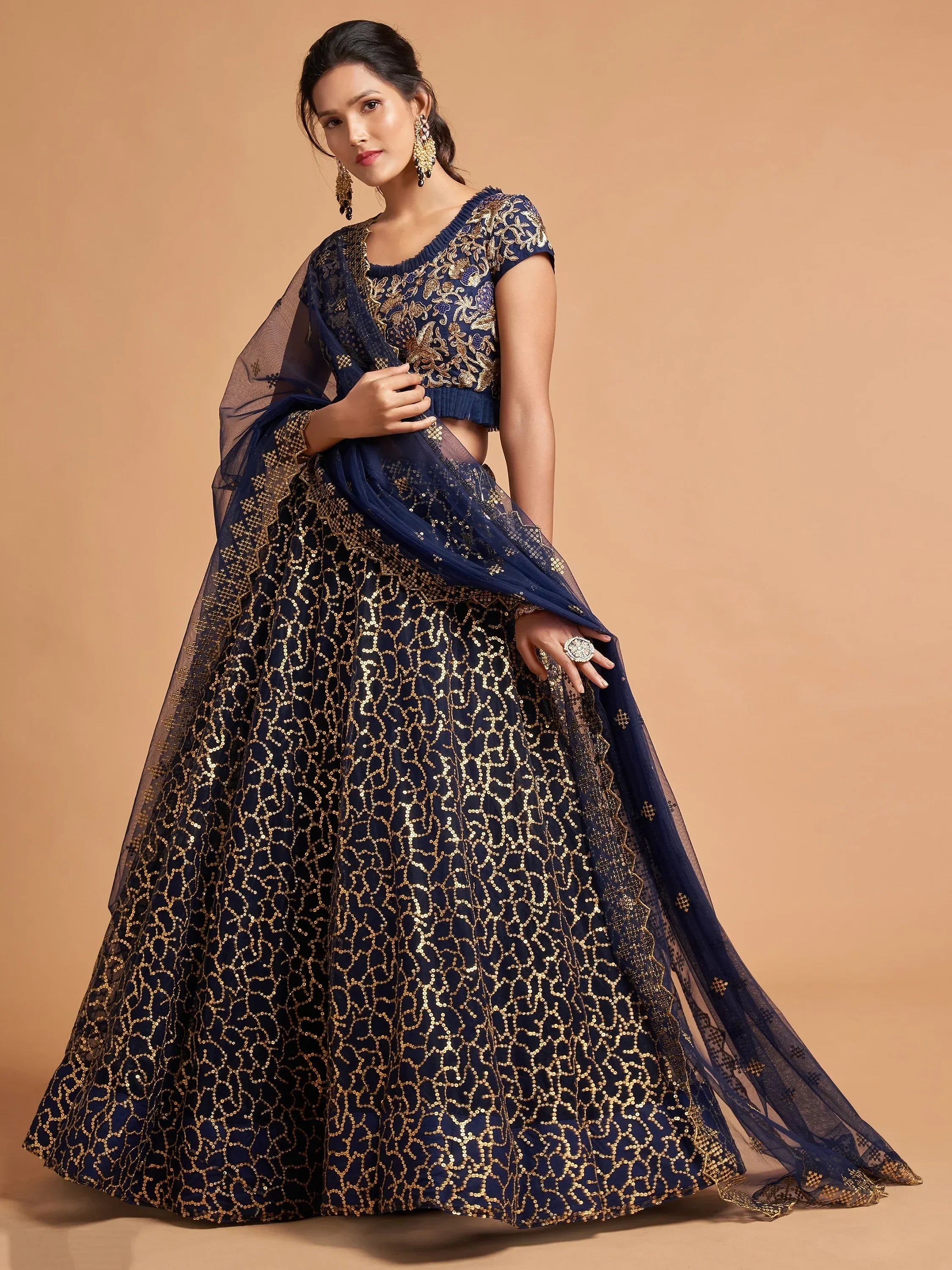 Navy Thread Embroidered Net Wedding Wear Lehenga Choli