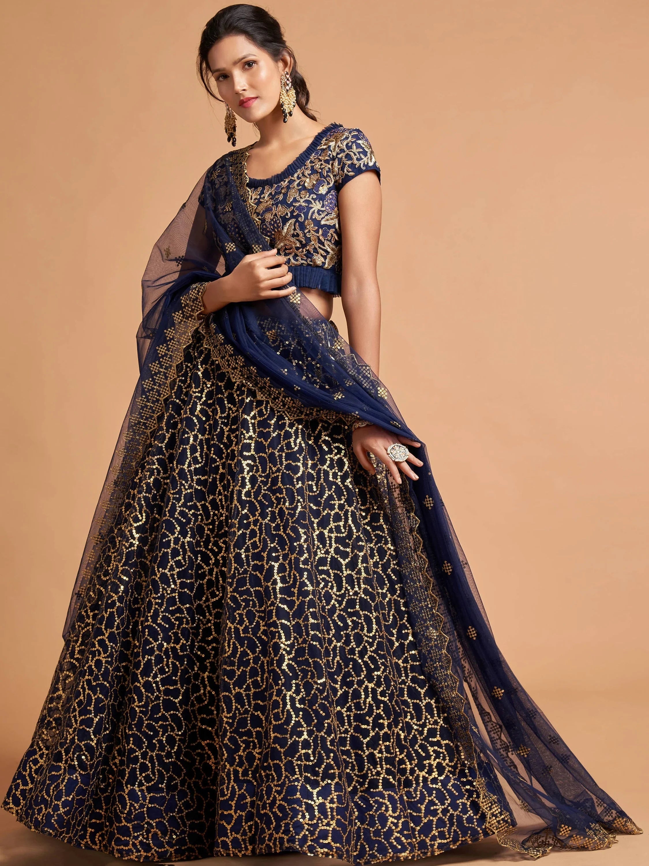 Blue Thread Embroidered Net Wedding Wear Lehenga Choli