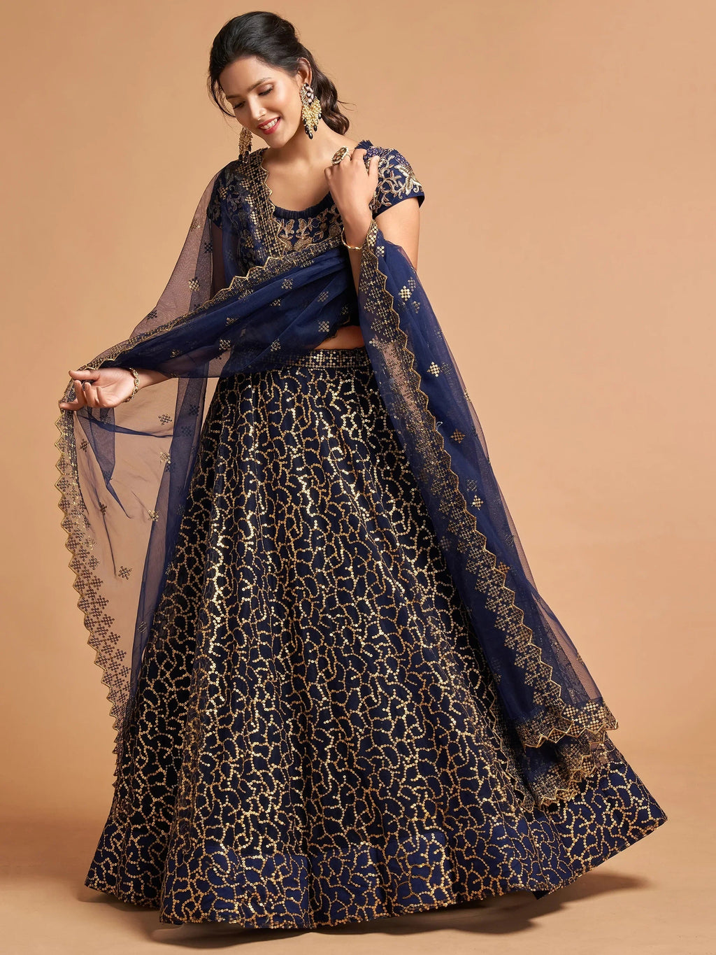 Navy Thread Embroidered Net Wedding Wear Lehenga Choli