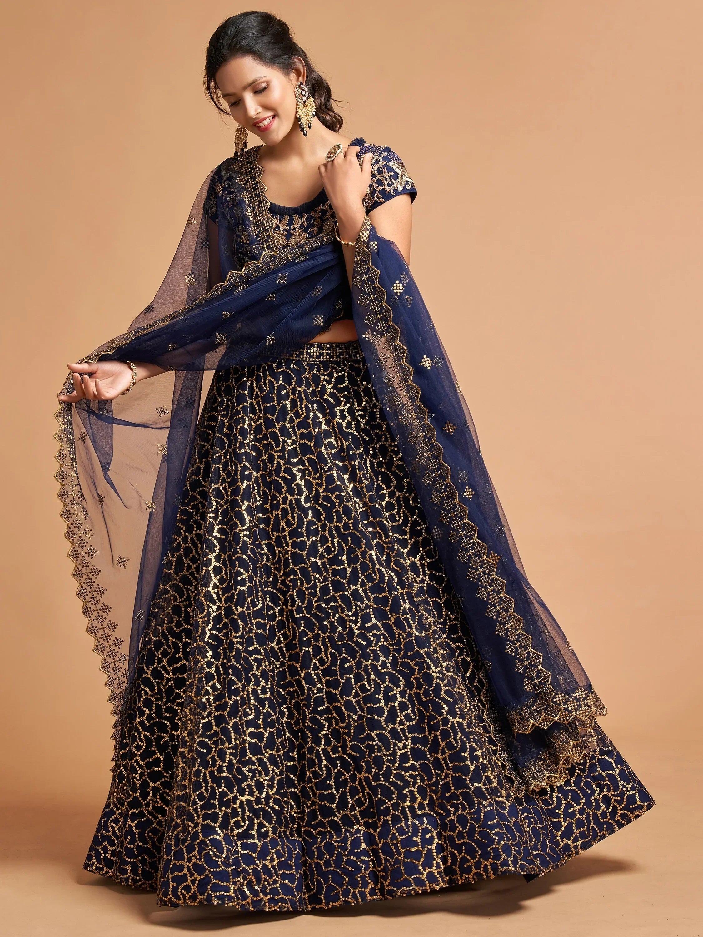 Navy Thread Embroidered Net Wedding Wear Lehenga Choli