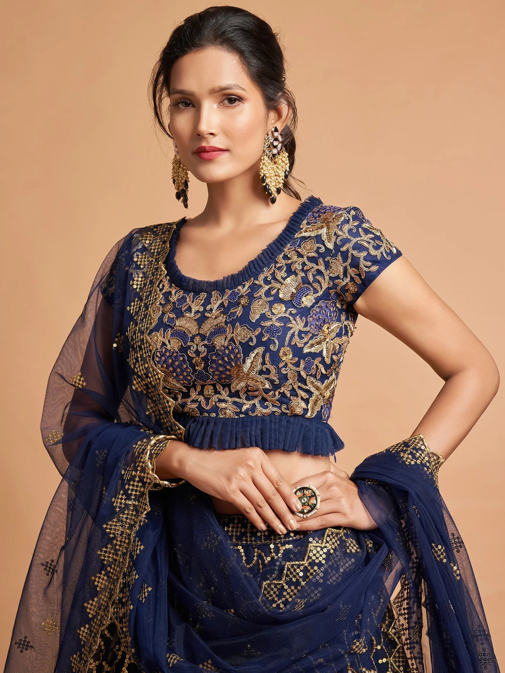 Navy Thread Embroidered Net Wedding Wear Lehenga Choli