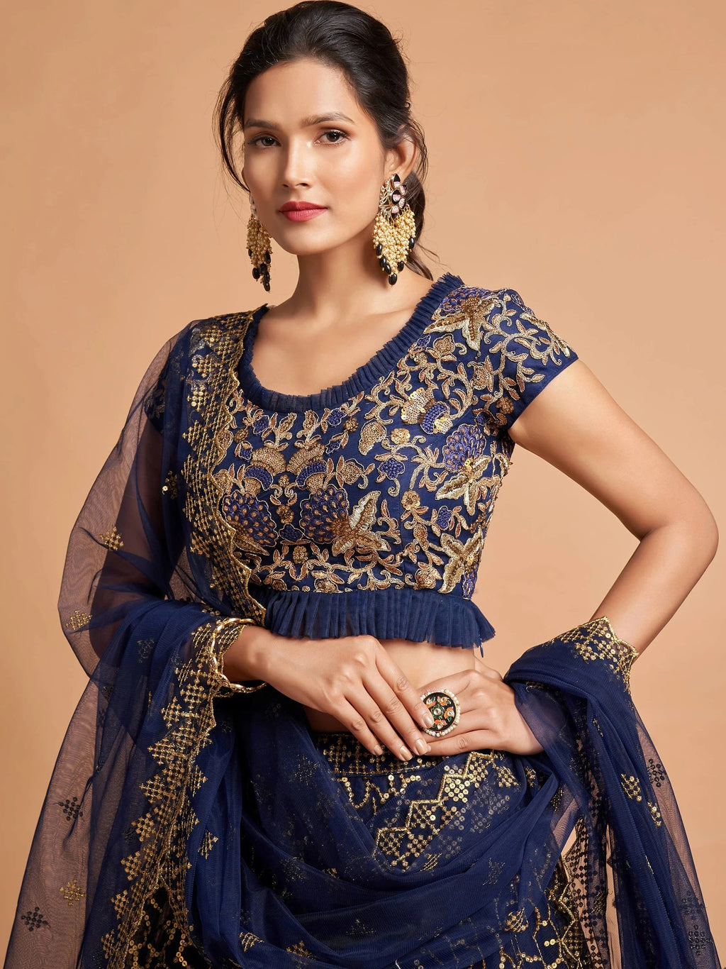 Blue Thread Embroidered Net Wedding Wear Lehenga Choli