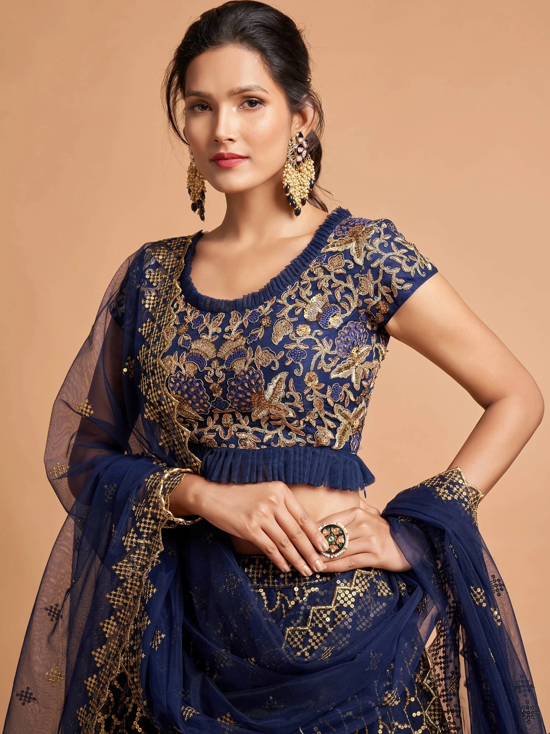 Blue Thread Embroidered Net Wedding Wear Lehenga Choli