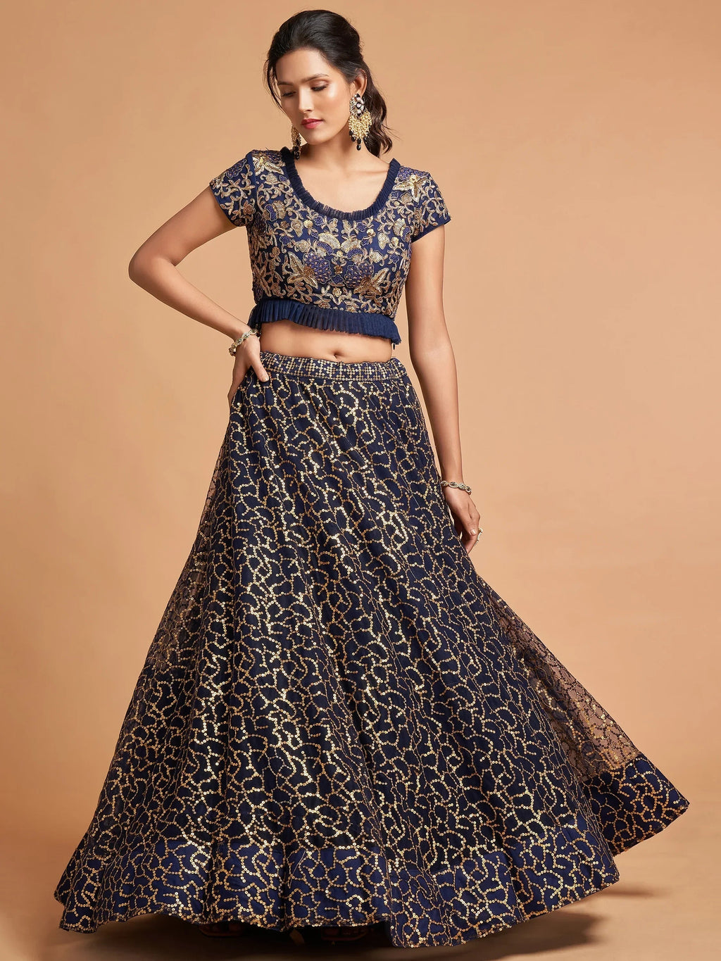 Navy Thread Embroidered Net Wedding Wear Lehenga Choli