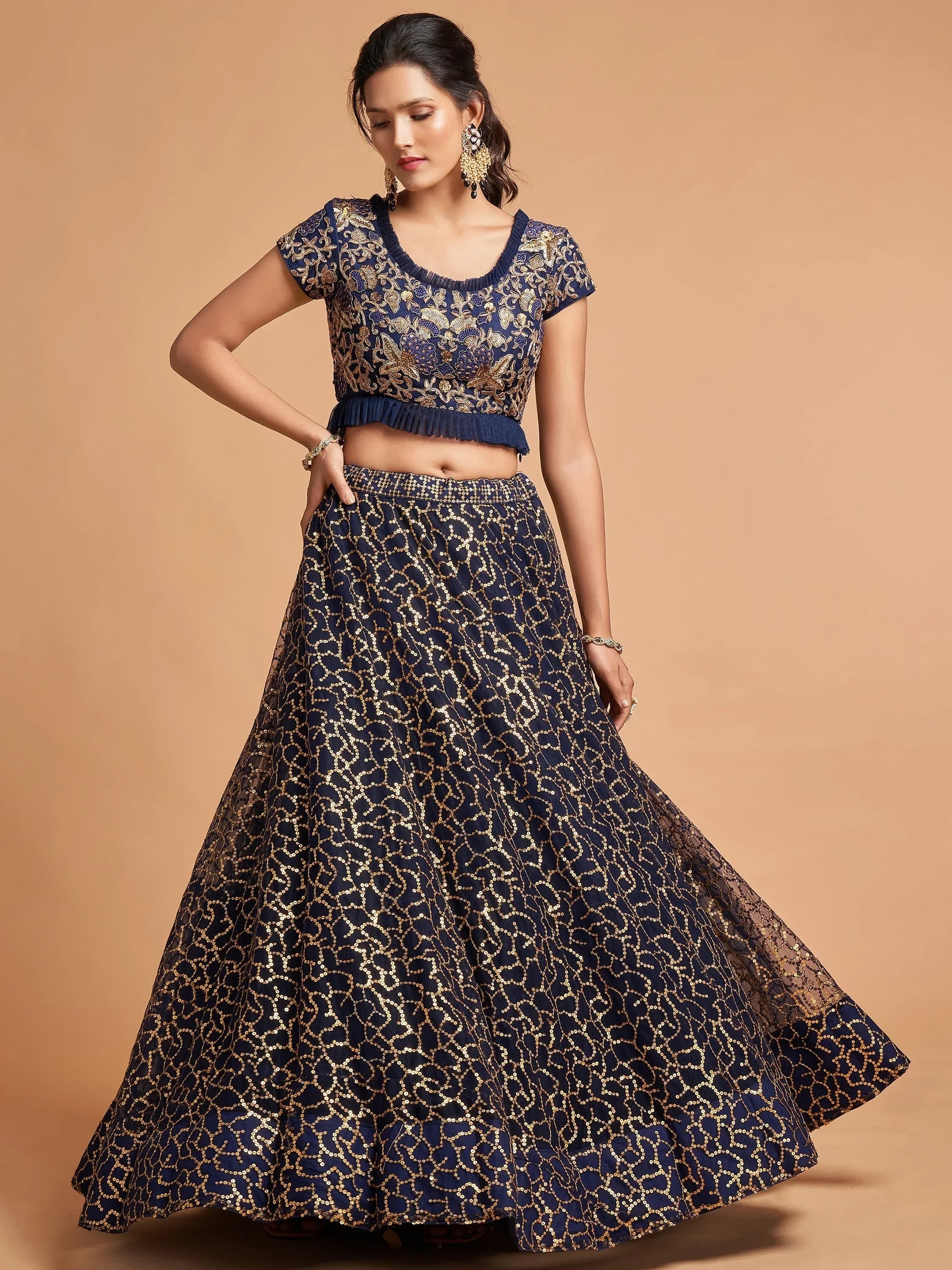 Navy Thread Embroidered Net Wedding Wear Lehenga Choli