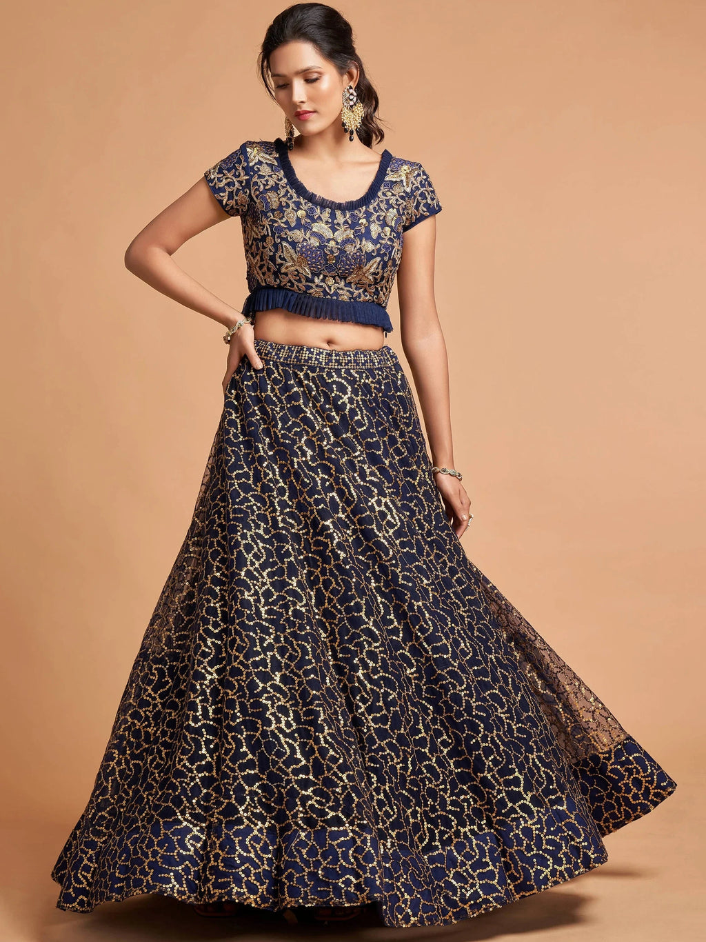 Blue Thread Embroidered Net Wedding Wear Lehenga Choli