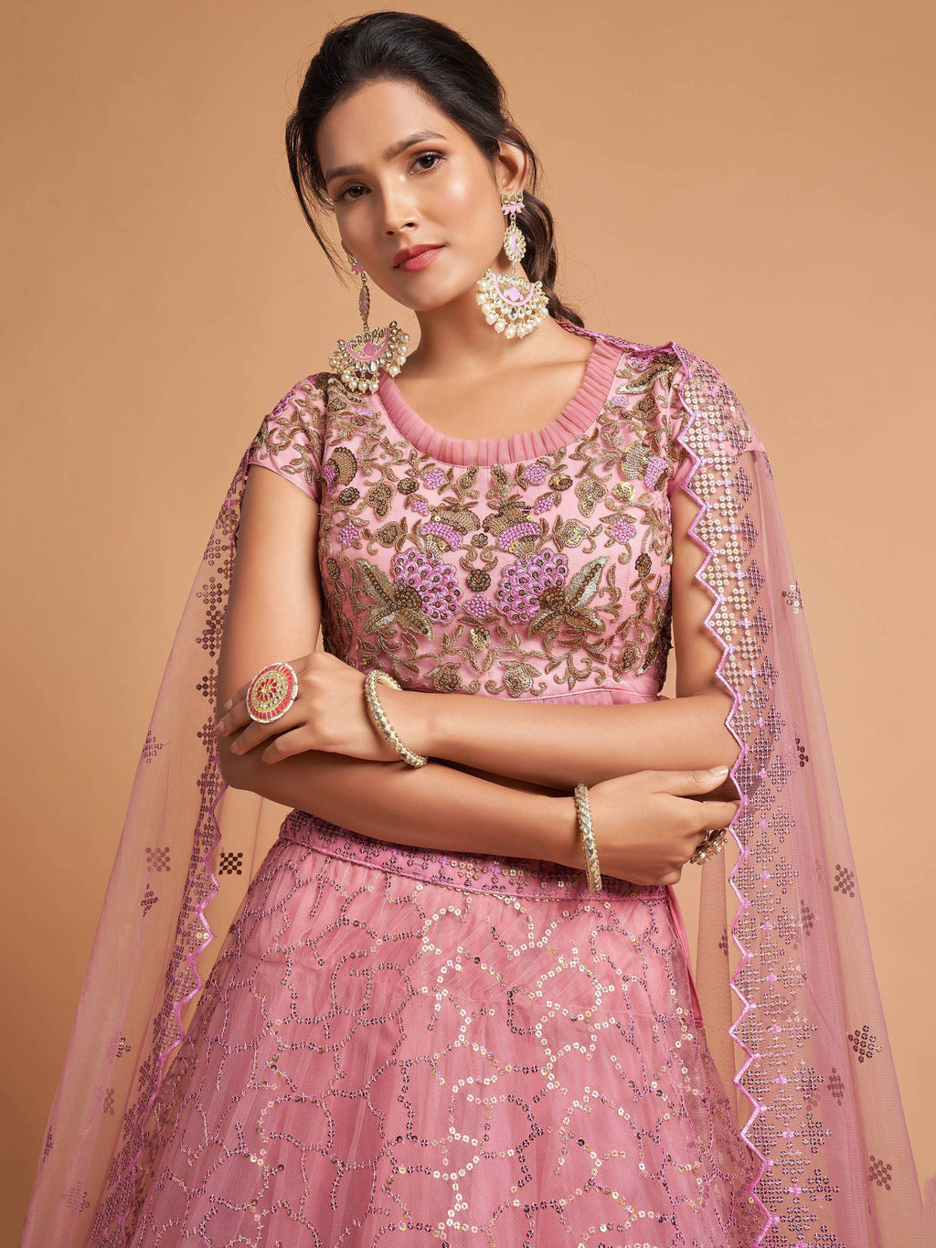 Blush Dori Thread Embroidered Net Wedding Lehenga Choli