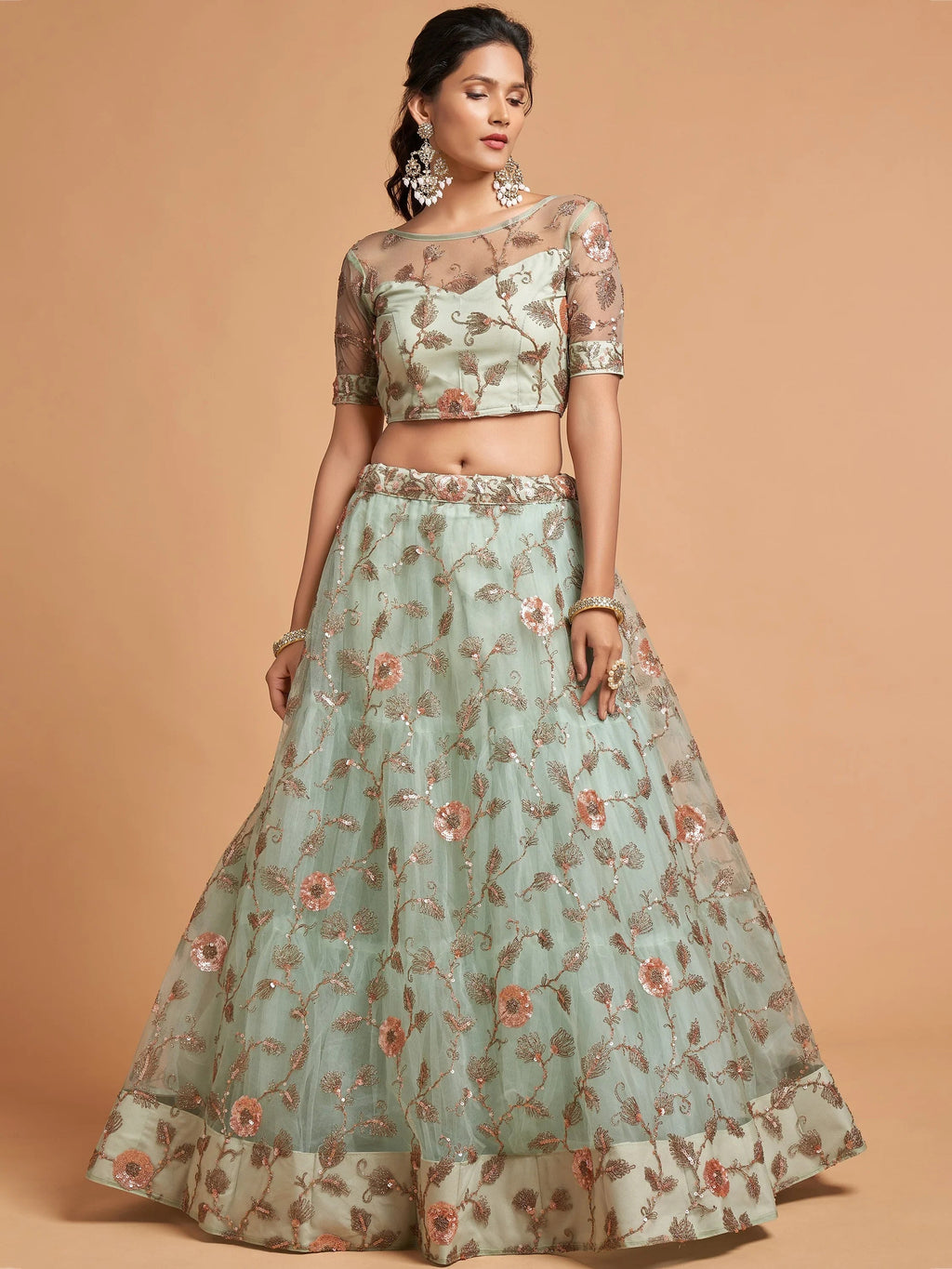 Stylish Green Embroidered Net Wedding Wear Plus Size Lehenga Choli