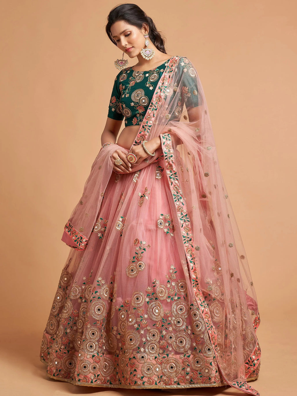 Impressive Peach Embroidered Net Festival Wear Plus Size Lehenga Choli