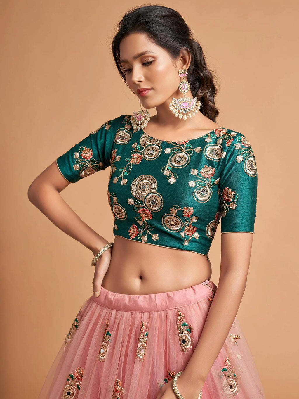 Impressive Peach Embroidered Net Festival Wear Plus Size Lehenga Choli