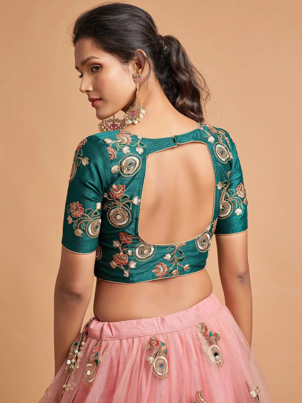 Impressive Peach Embroidered Net Festival Wear Plus Size Lehenga Choli