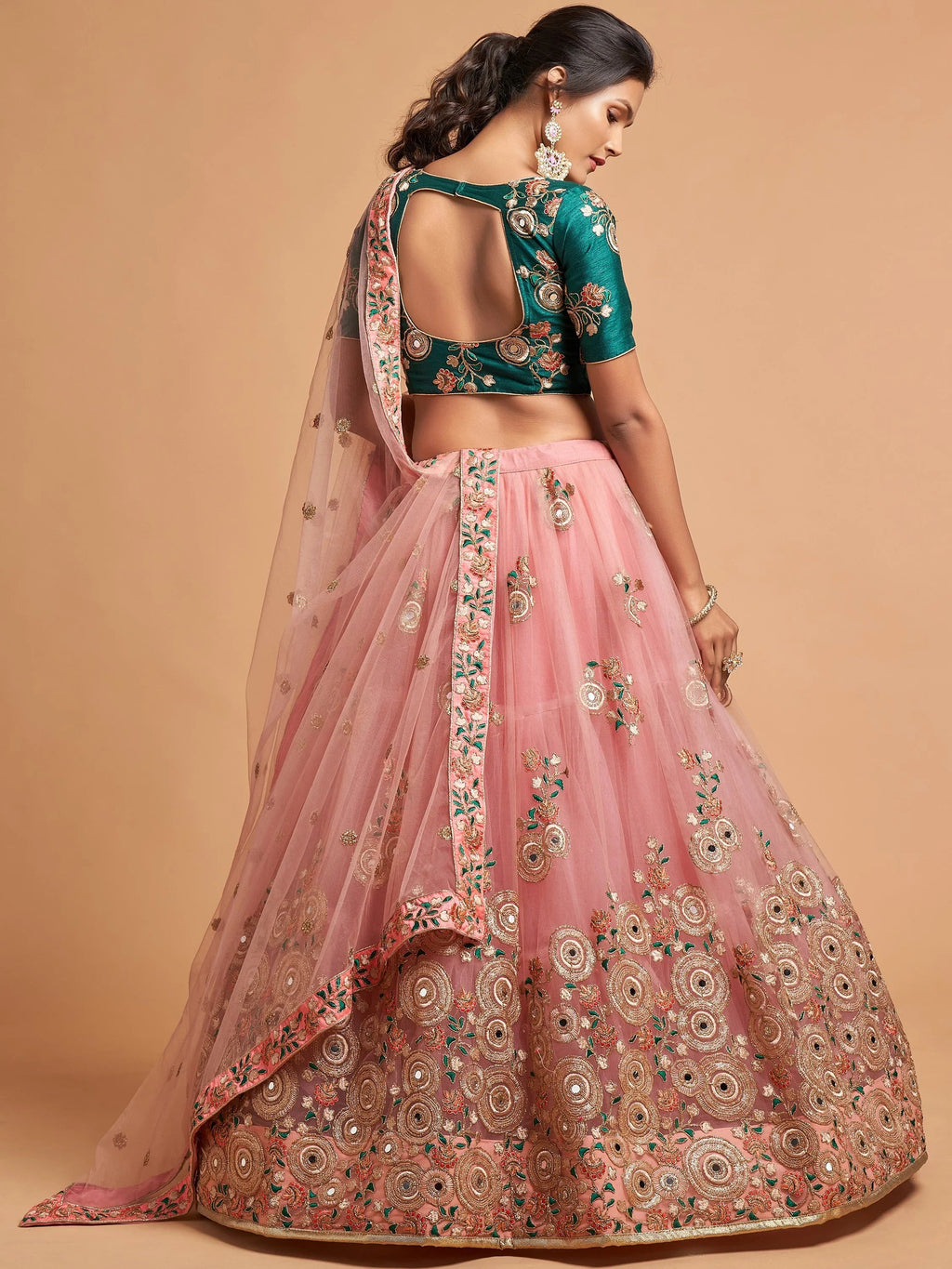 Impressive Peach Embroidered Net Festival Wear Plus Size Lehenga Choli