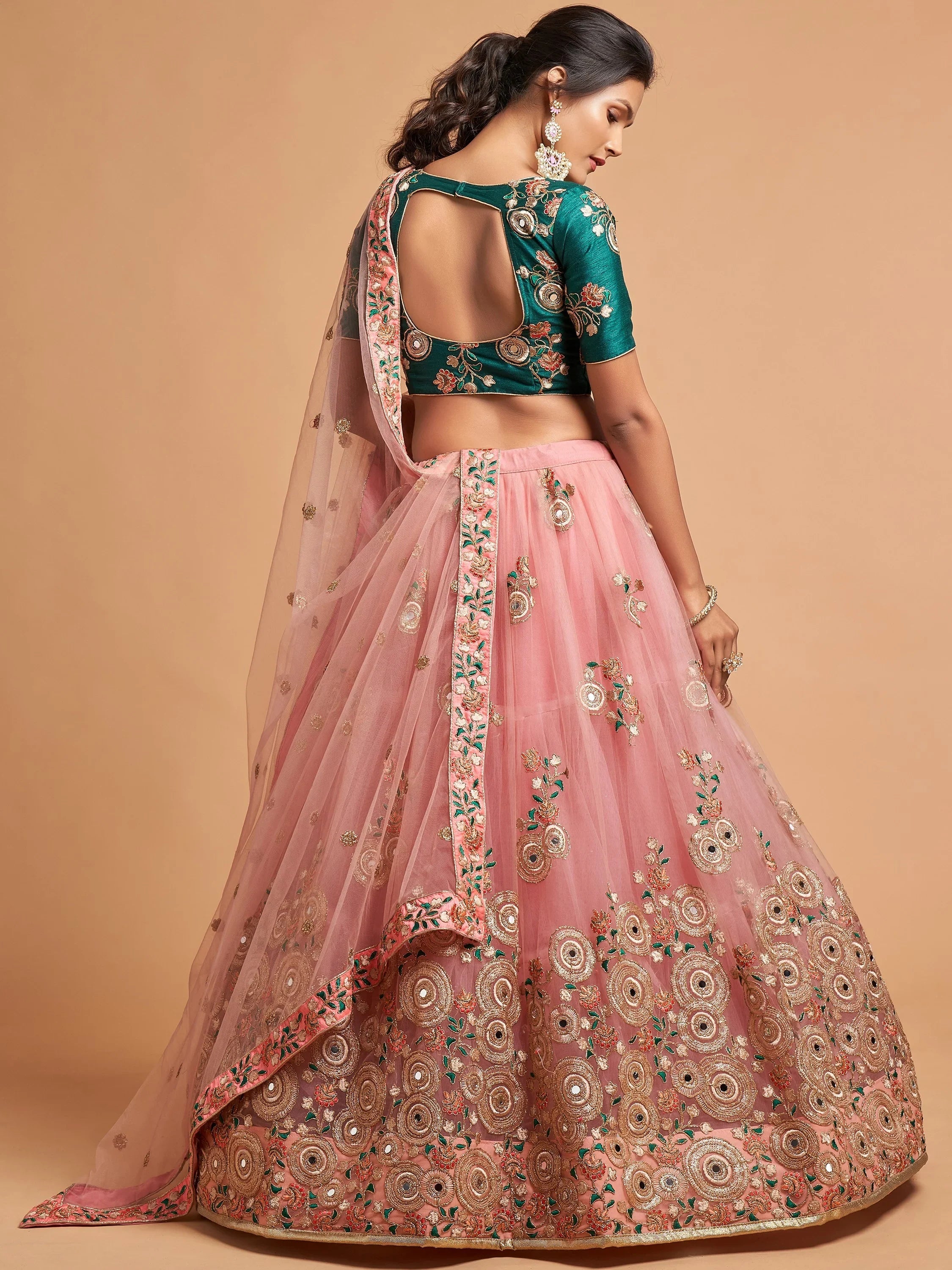 Impressive Peach Embroidered Net Festival Wear Plus Size Lehenga Choli