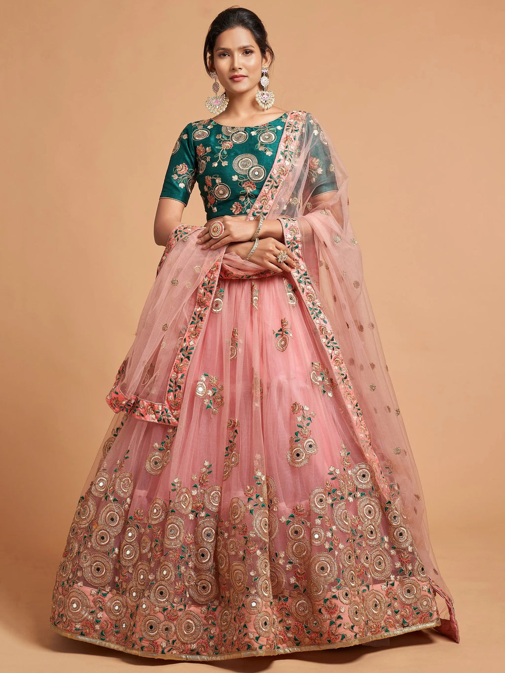 Impressive Peach Embroidered Net Festival Wear Plus Size Lehenga Choli