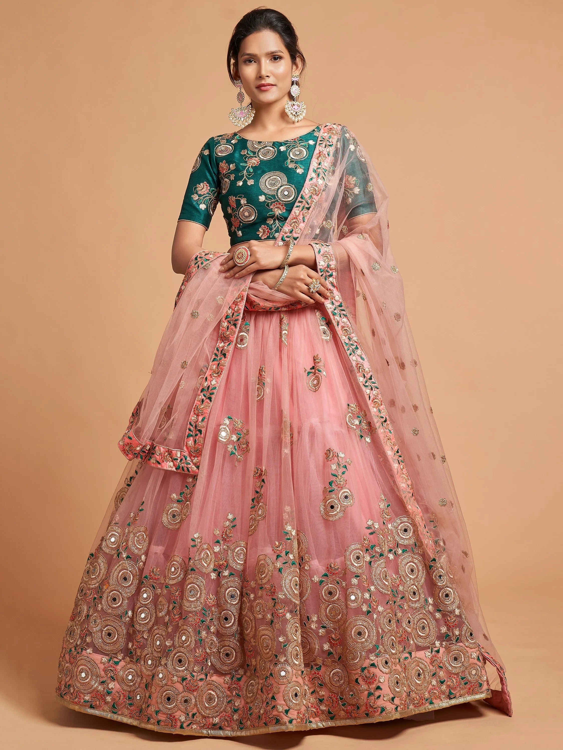 Impressive Peach Embroidered Net Festival Wear Plus Size Lehenga Choli