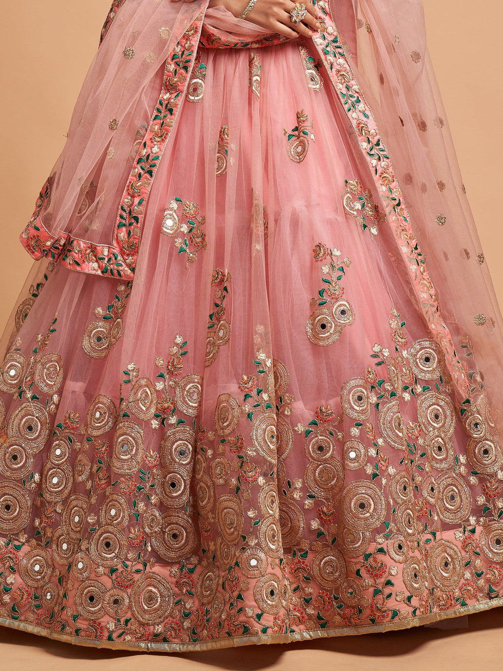 Impressive Peach Embroidered Net Festival Wear Plus Size Lehenga Choli
