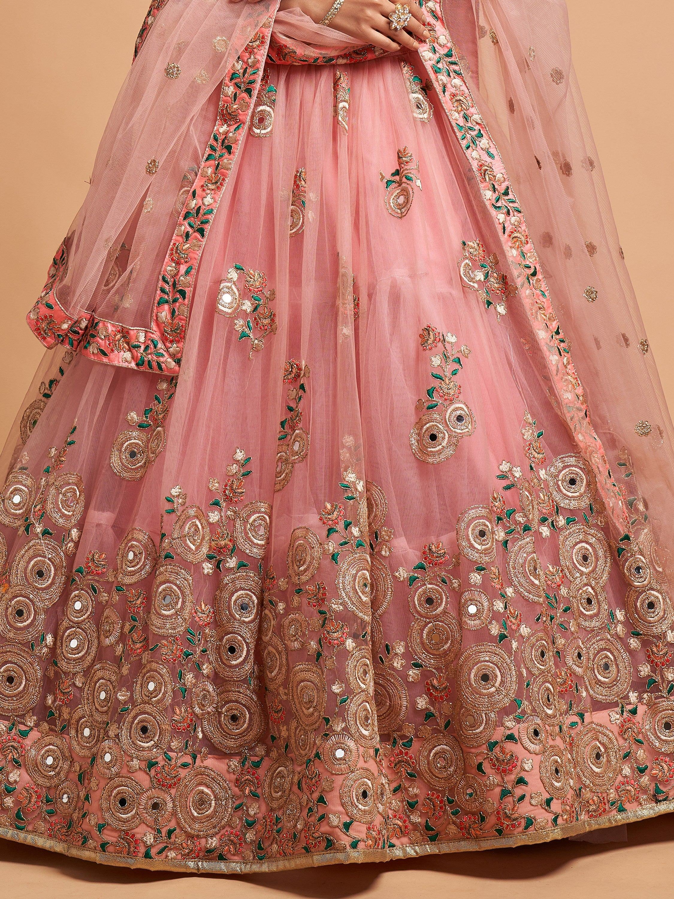 Impressive Peach Embroidered Net Festival Wear Plus Size Lehenga Choli