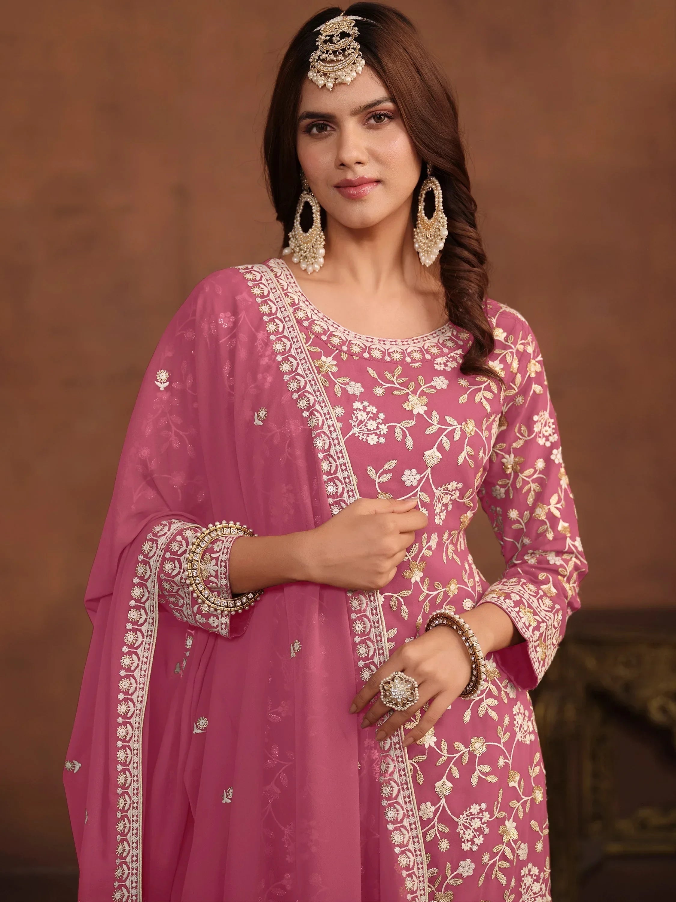 Enchanting Pink Embroidered Georgette Festival Wear Sharara Suit