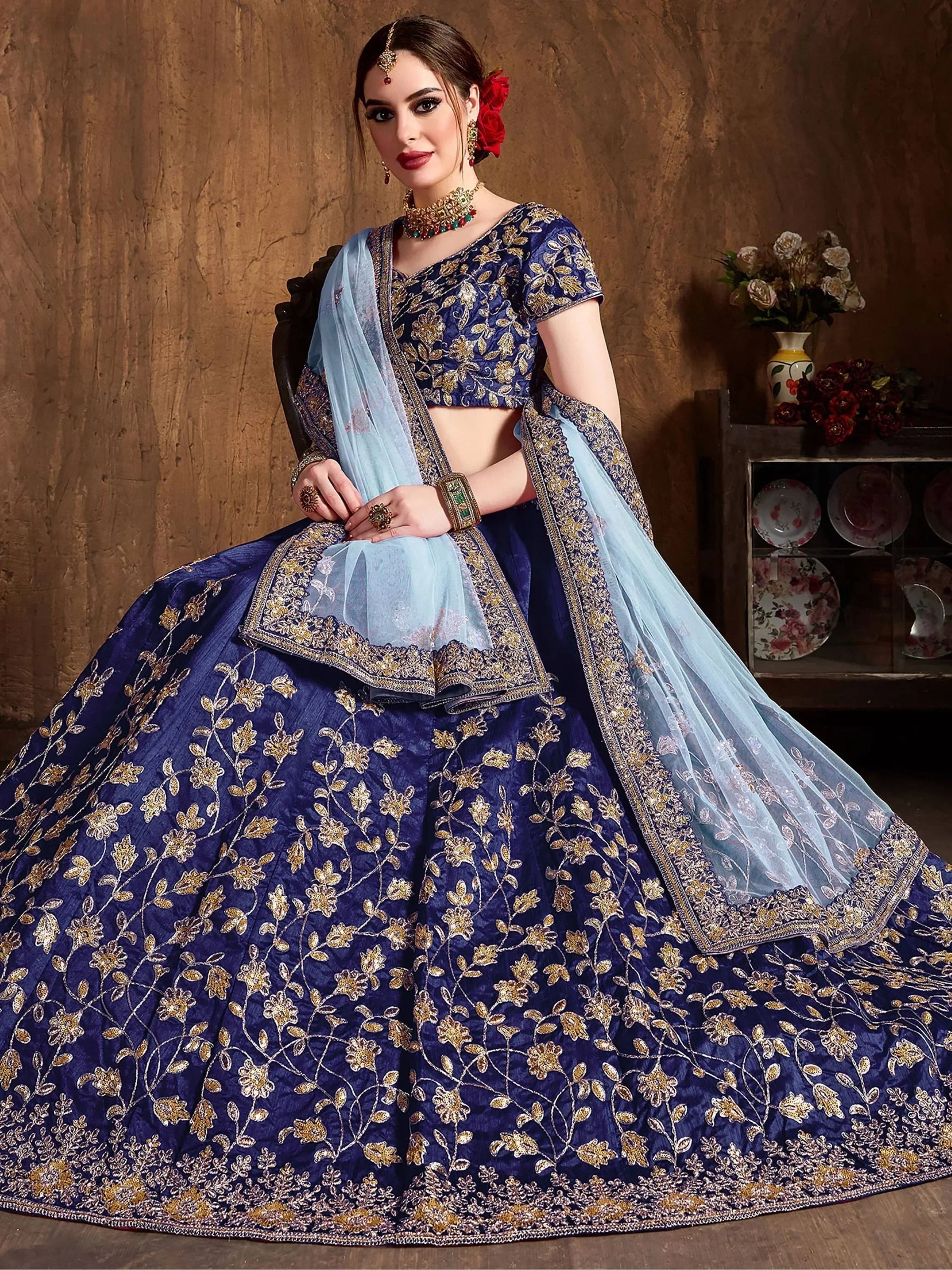 Sky Blue Sequins Raw Silk Bridal Lehenga Choli With Dupatta