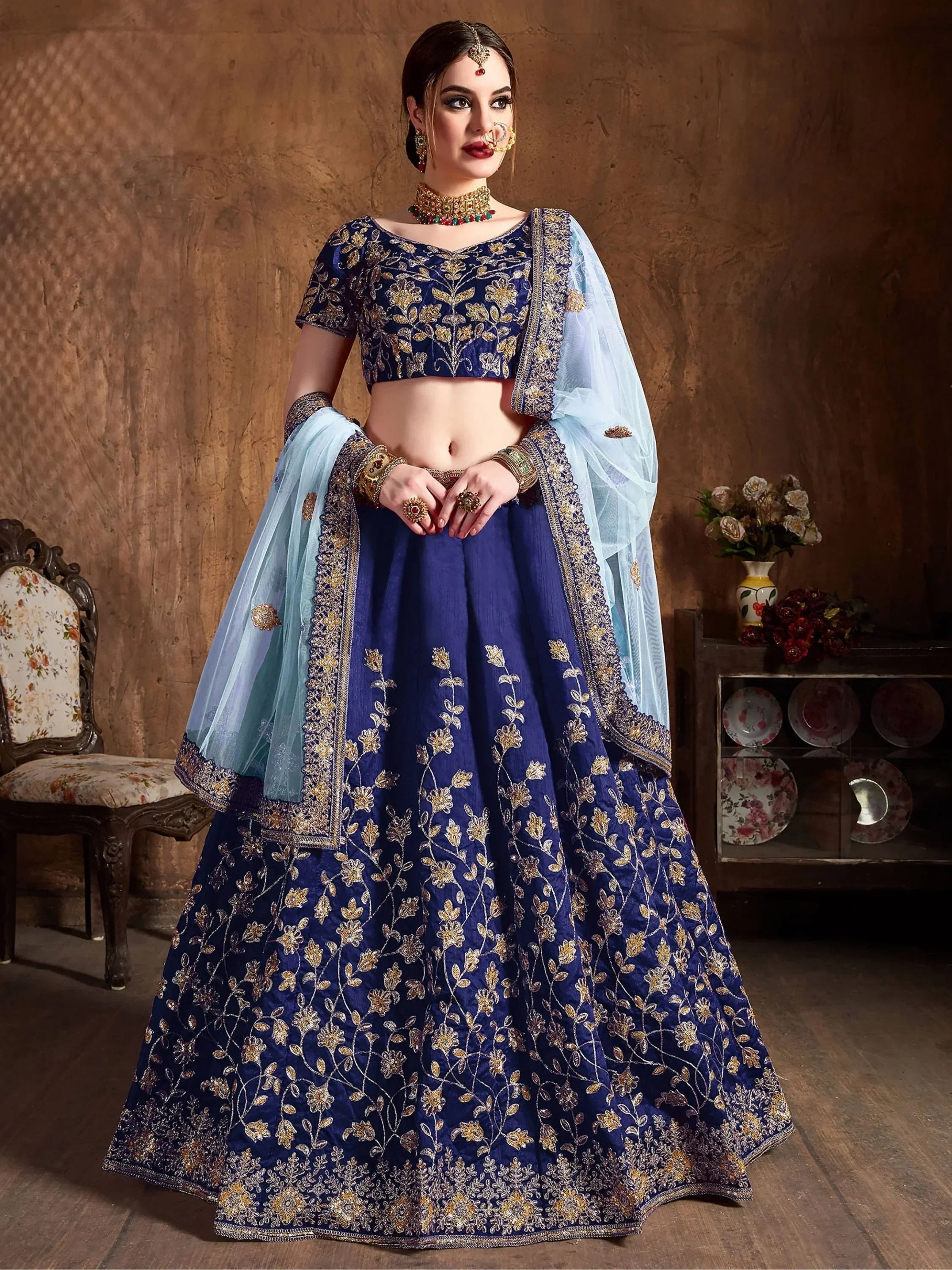 Sky Blue Sequins Raw Silk Bridal Lehenga Choli With Dupatta