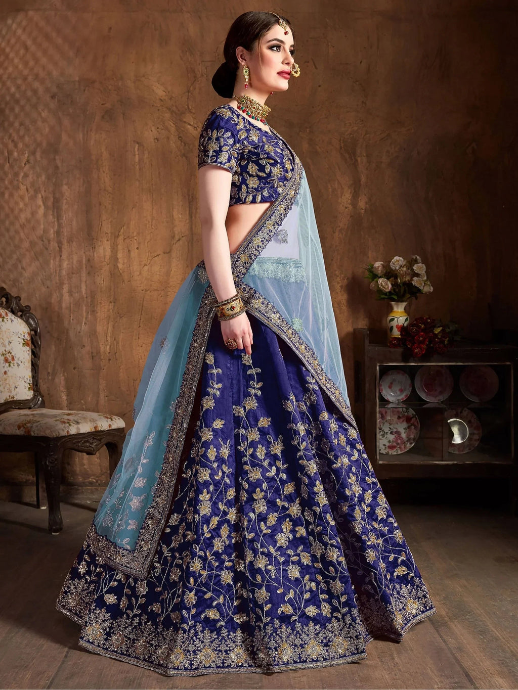 Sky Blue Sequins Raw Silk Bridal Lehenga Choli With Dupatta