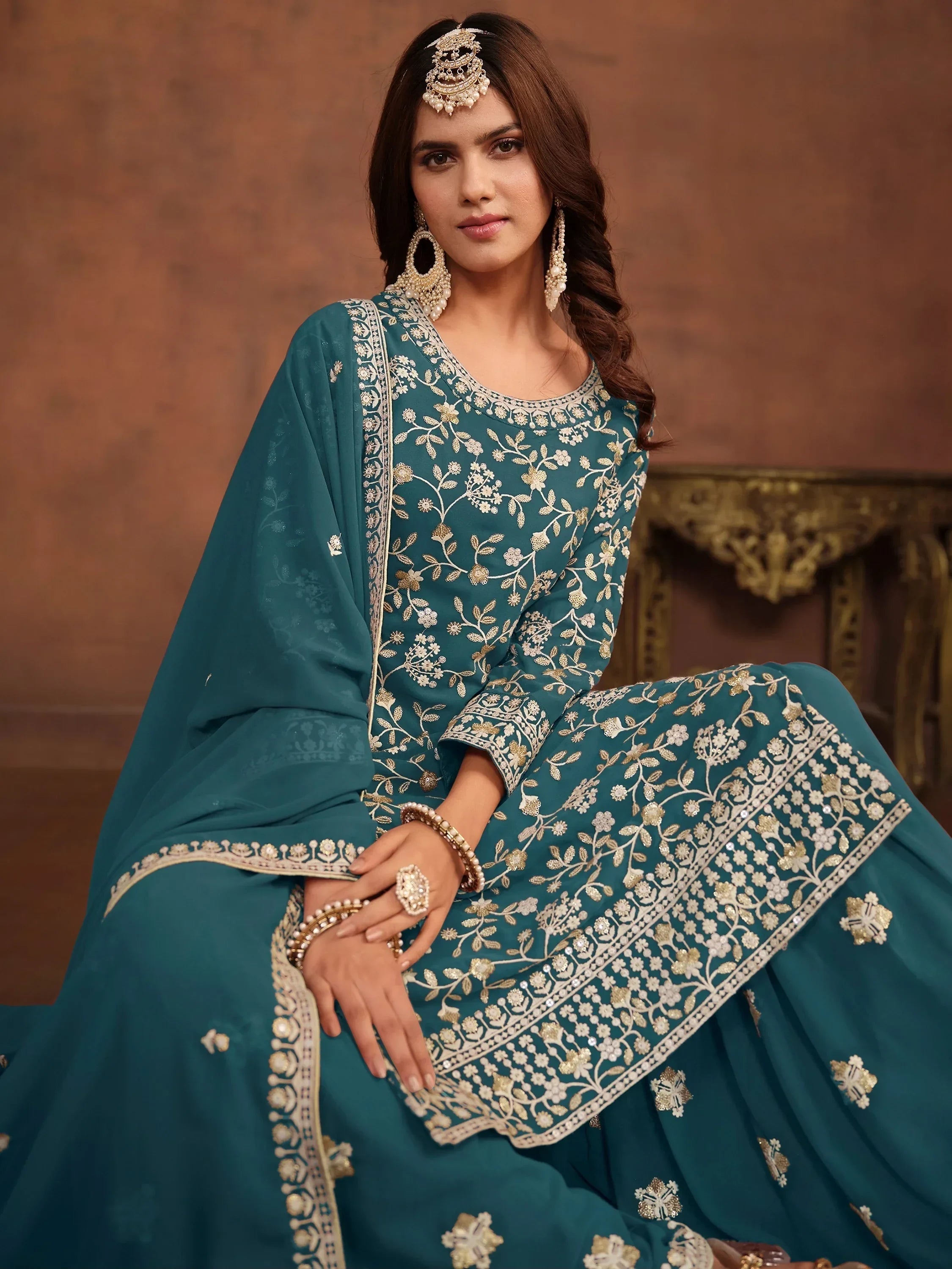 Majestic Green Embroidered Georgette Wedding Wear Sharara Suit