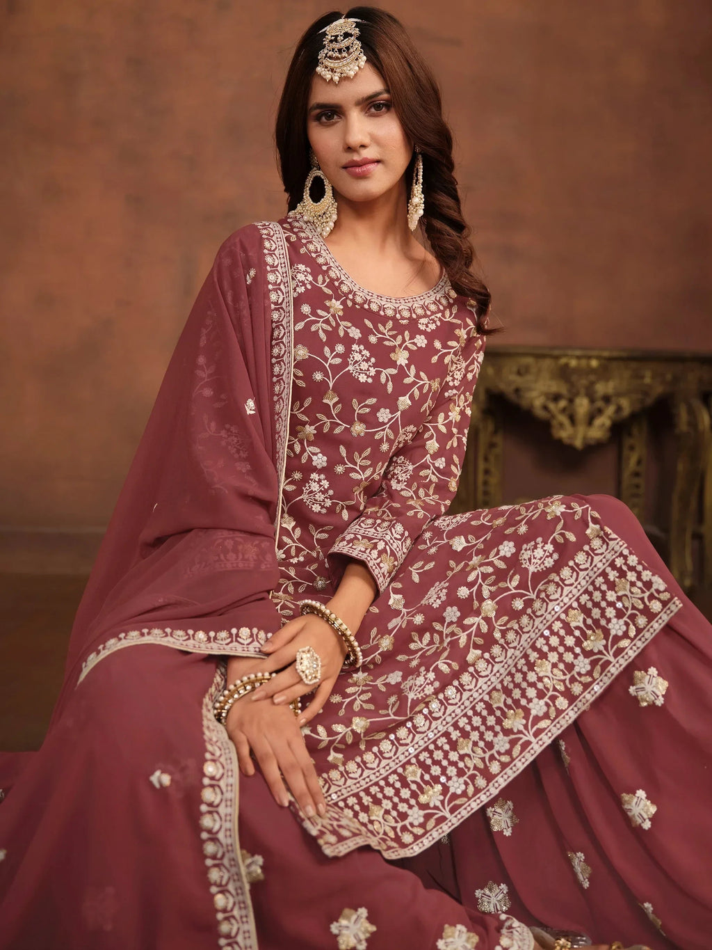 Elegant Dusty Pink Embroidered Georgette Festival Wear Sharara Suit