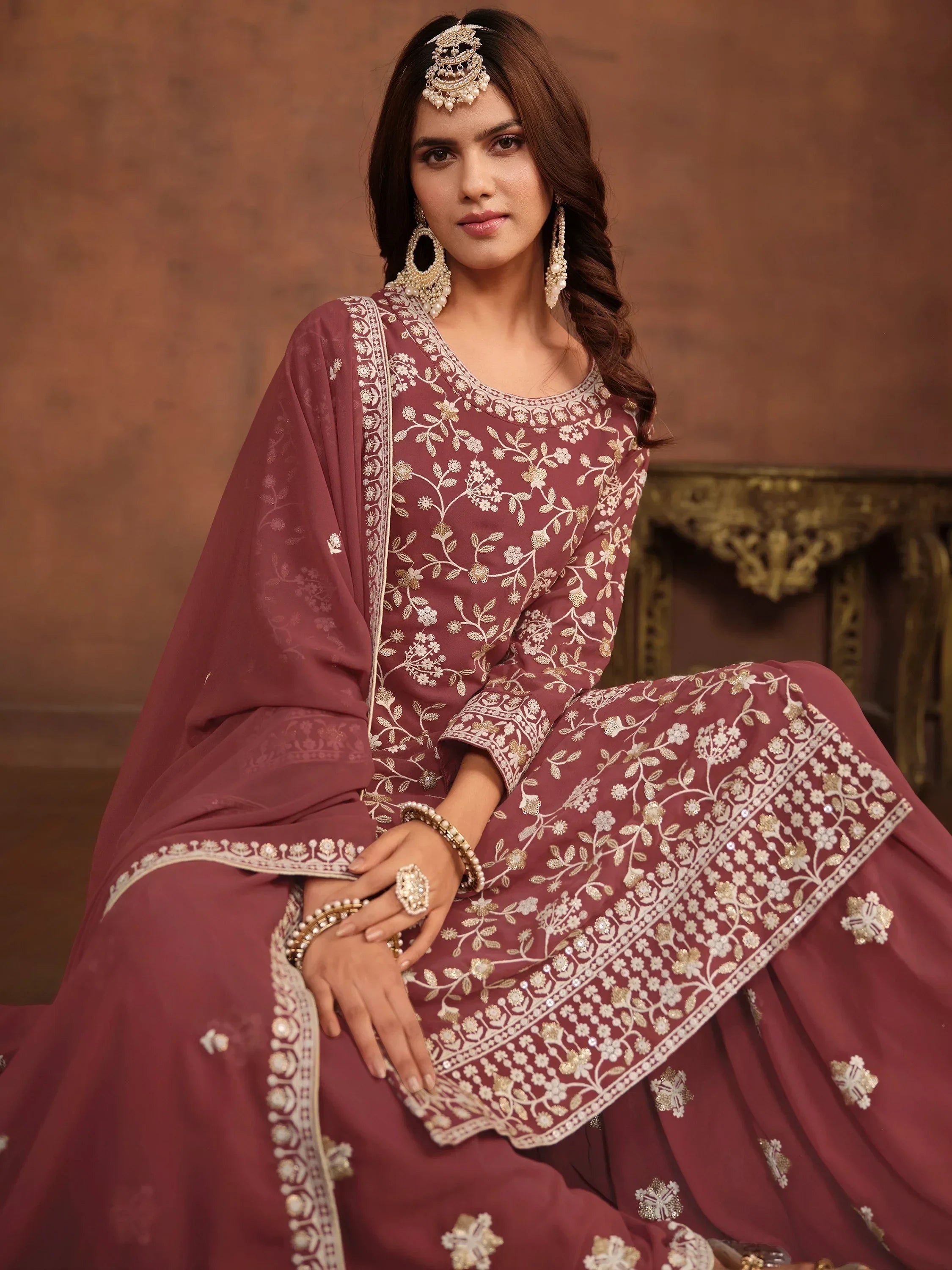 Elegant Dusty Pink Embroidered Georgette Festival Wear Sharara Suit