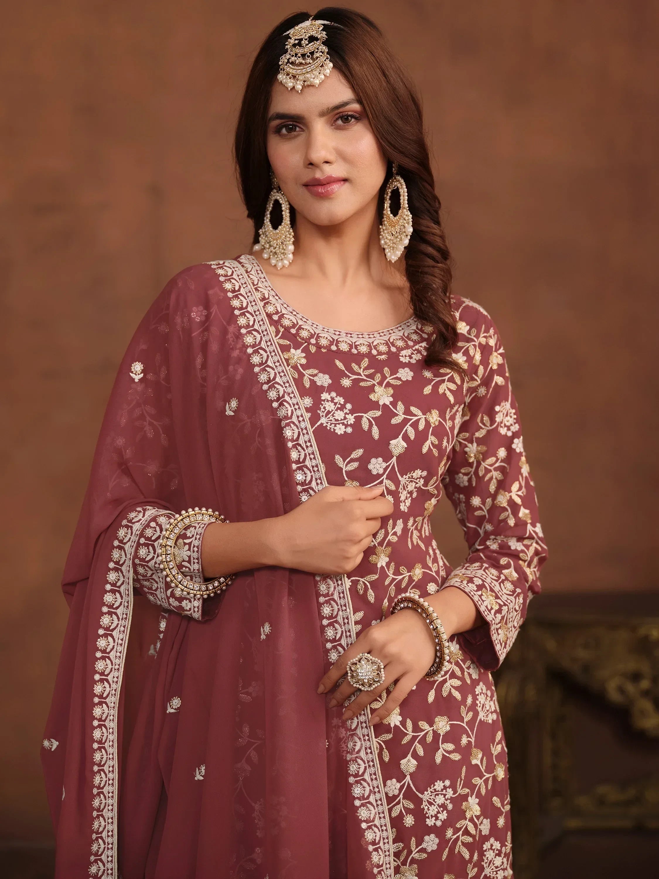 Elegant Dusty Pink Embroidered Georgette Festival Wear Sharara Suit