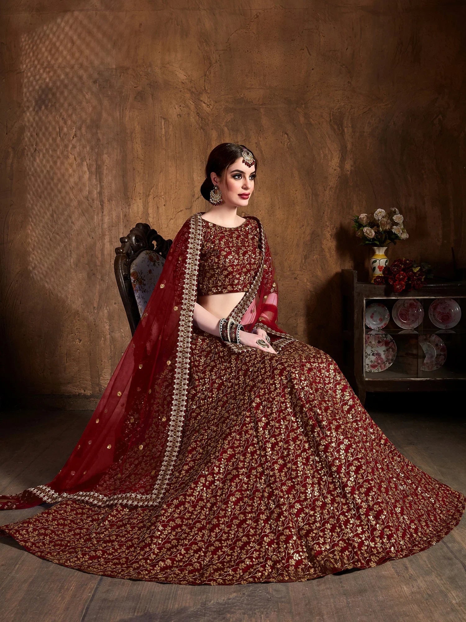 Gorgeous Maroon Sequins Silk Party Wear Plus Size Lehenga Choli