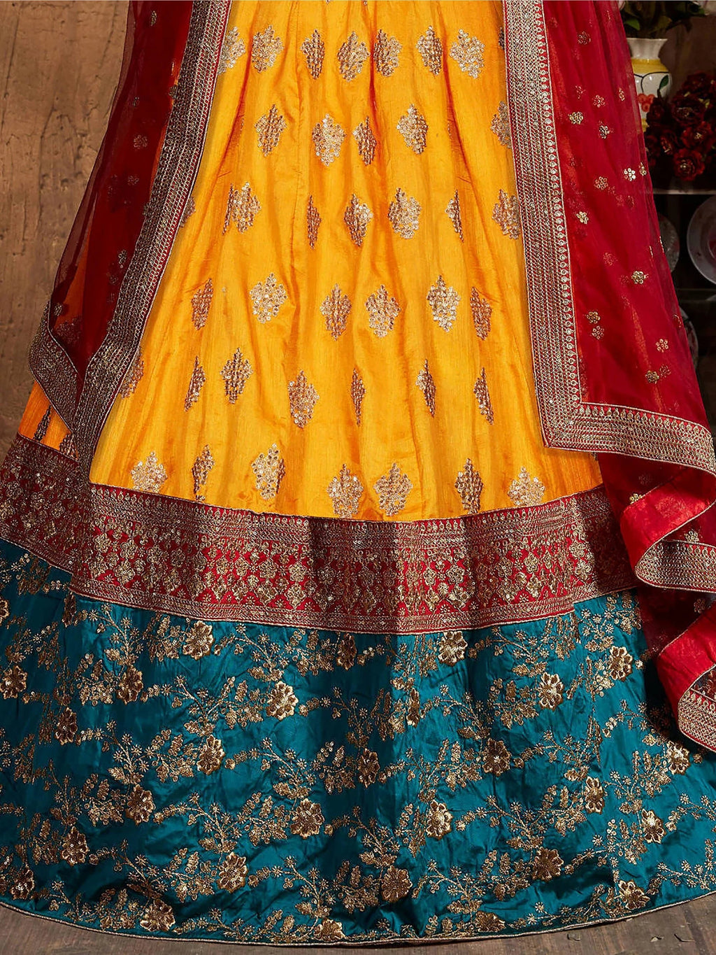 Yellow Embroidery Banarasi Silk Bridal Lehenga Choli With Dupatta