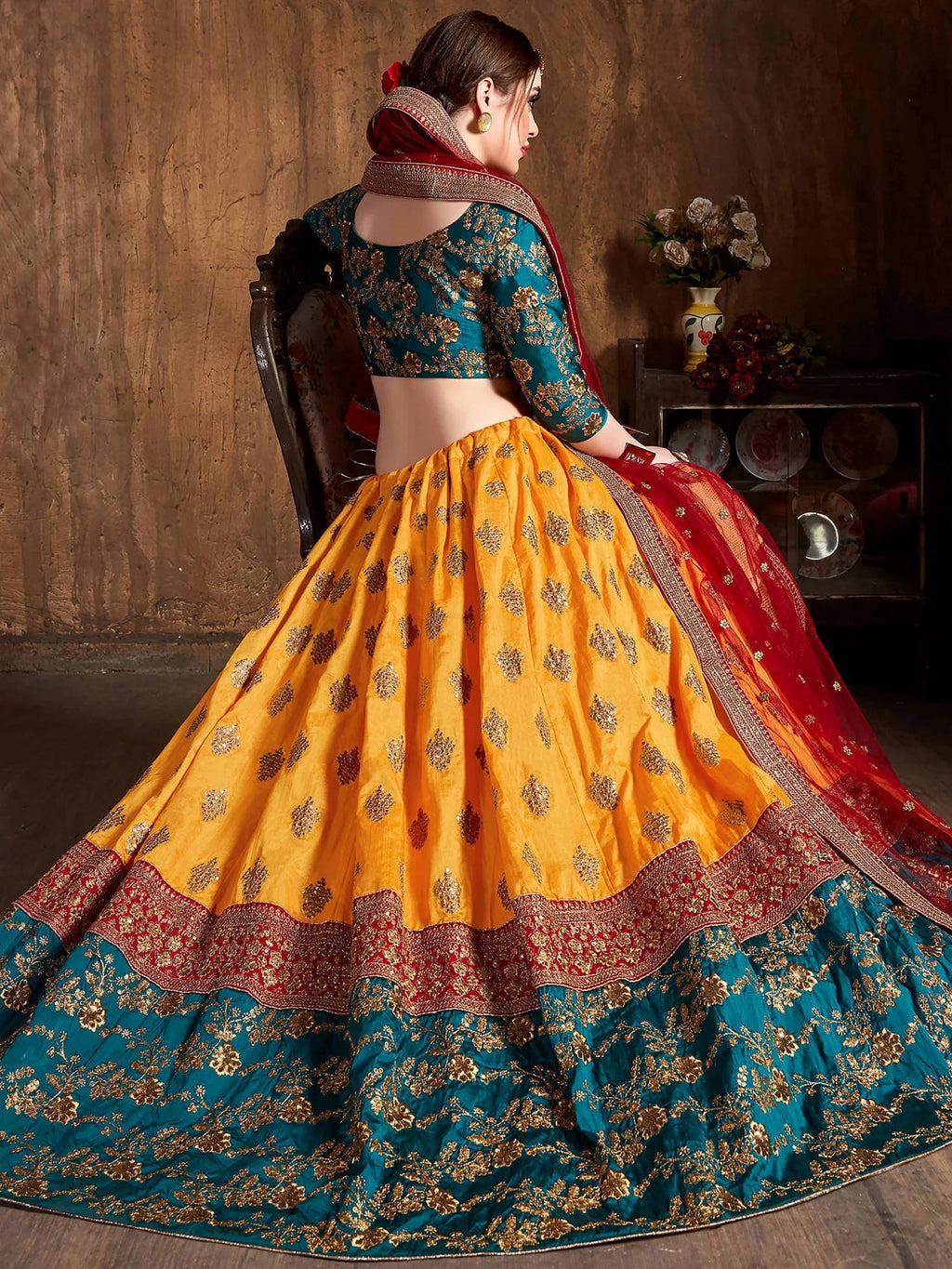 Yellow Embroidery Banarasi Silk Bridal Lehenga Choli With Dupatta