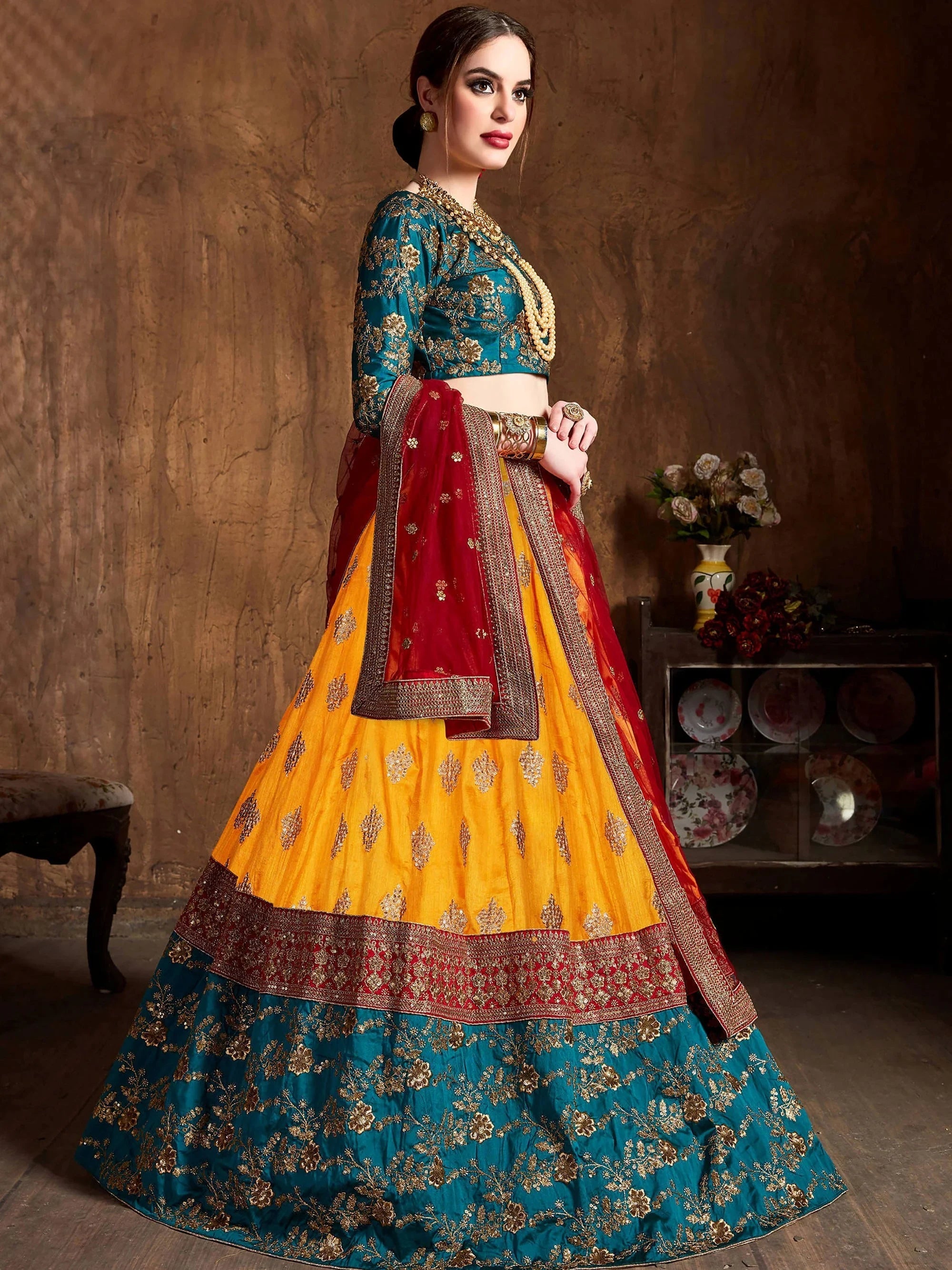 Yellow Embroidery Banarasi Silk Bridal Lehenga Choli With Dupatta