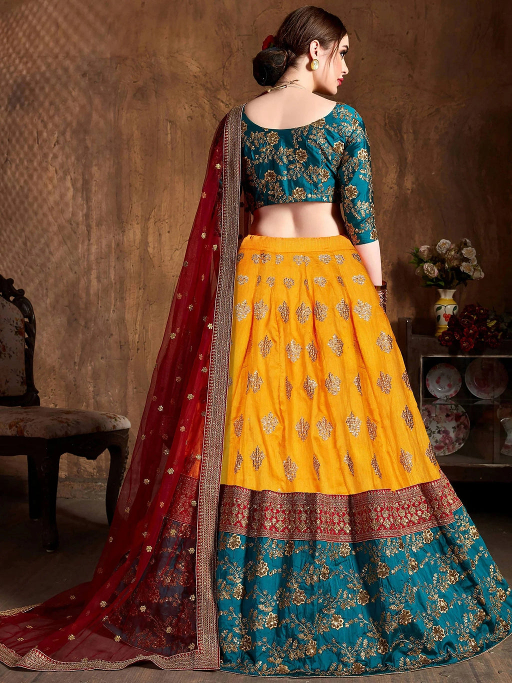 Yellow Embroidery Banarasi Silk Bridal Lehenga Choli With Dupatta