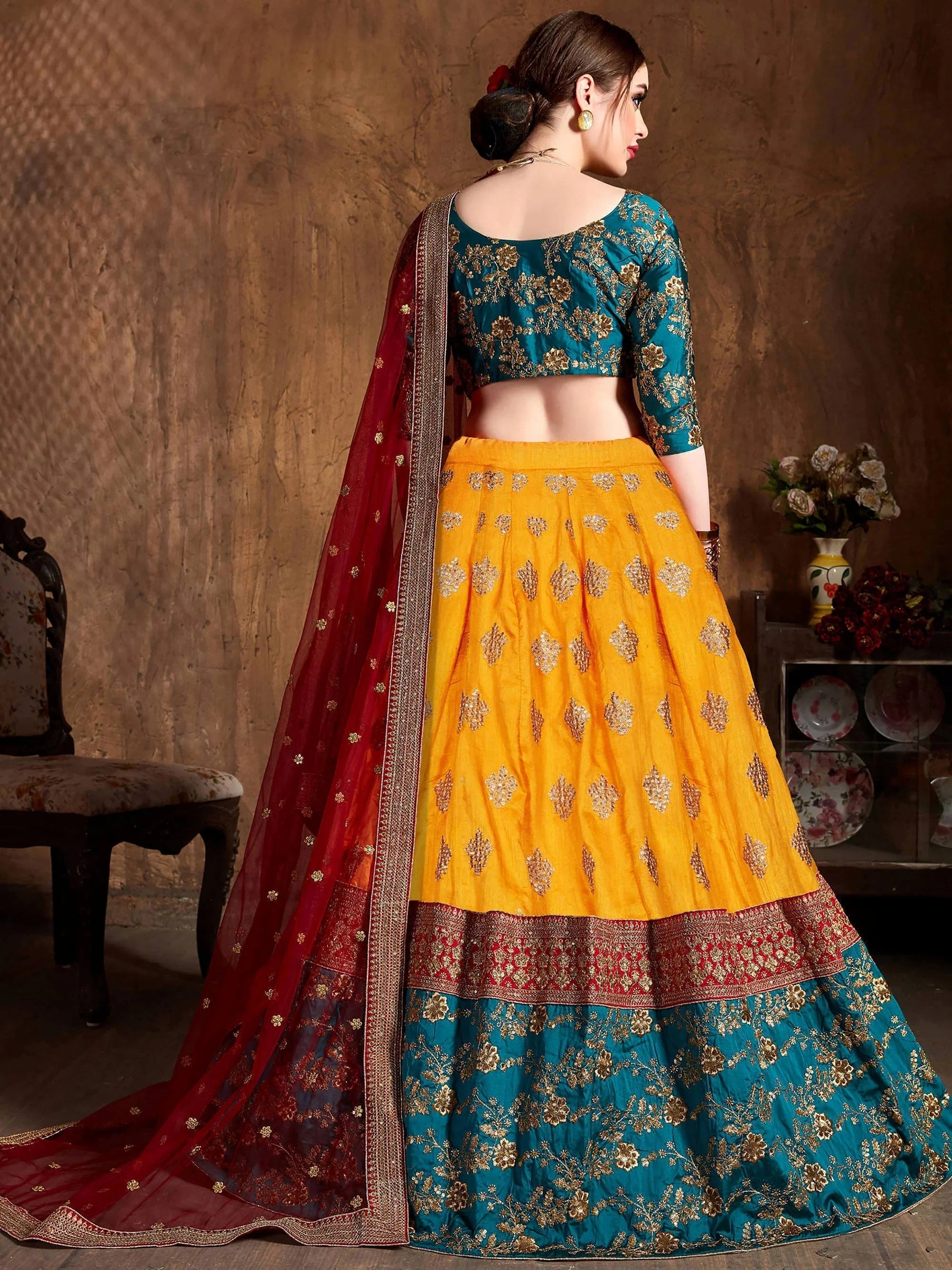 Yellow Embroidery Banarasi Silk Bridal Lehenga Choli With Dupatta