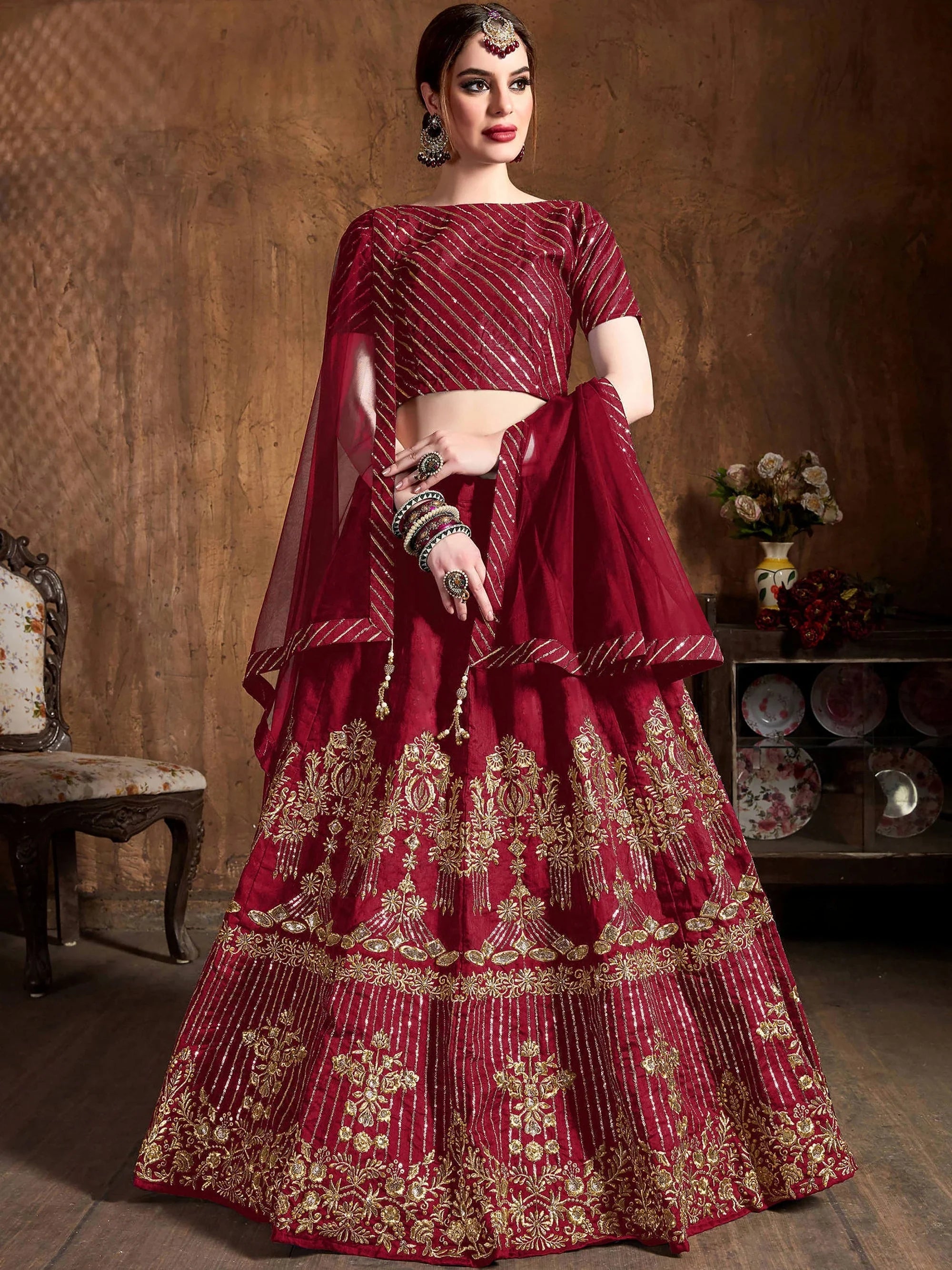 Maroon Zari Embroidery Art Silk Bridal Lehenga Choli With Dupatta