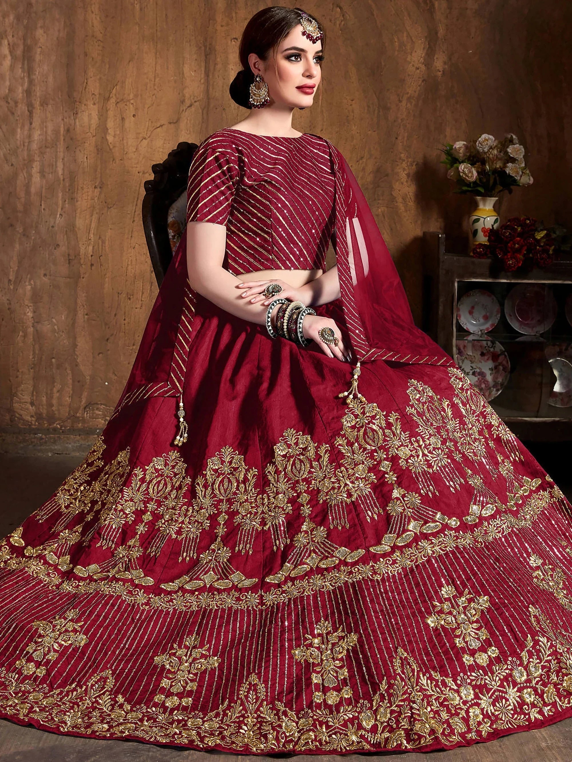 Maroon Zari Embroidery Art Silk Bridal Lehenga Choli With Dupatta