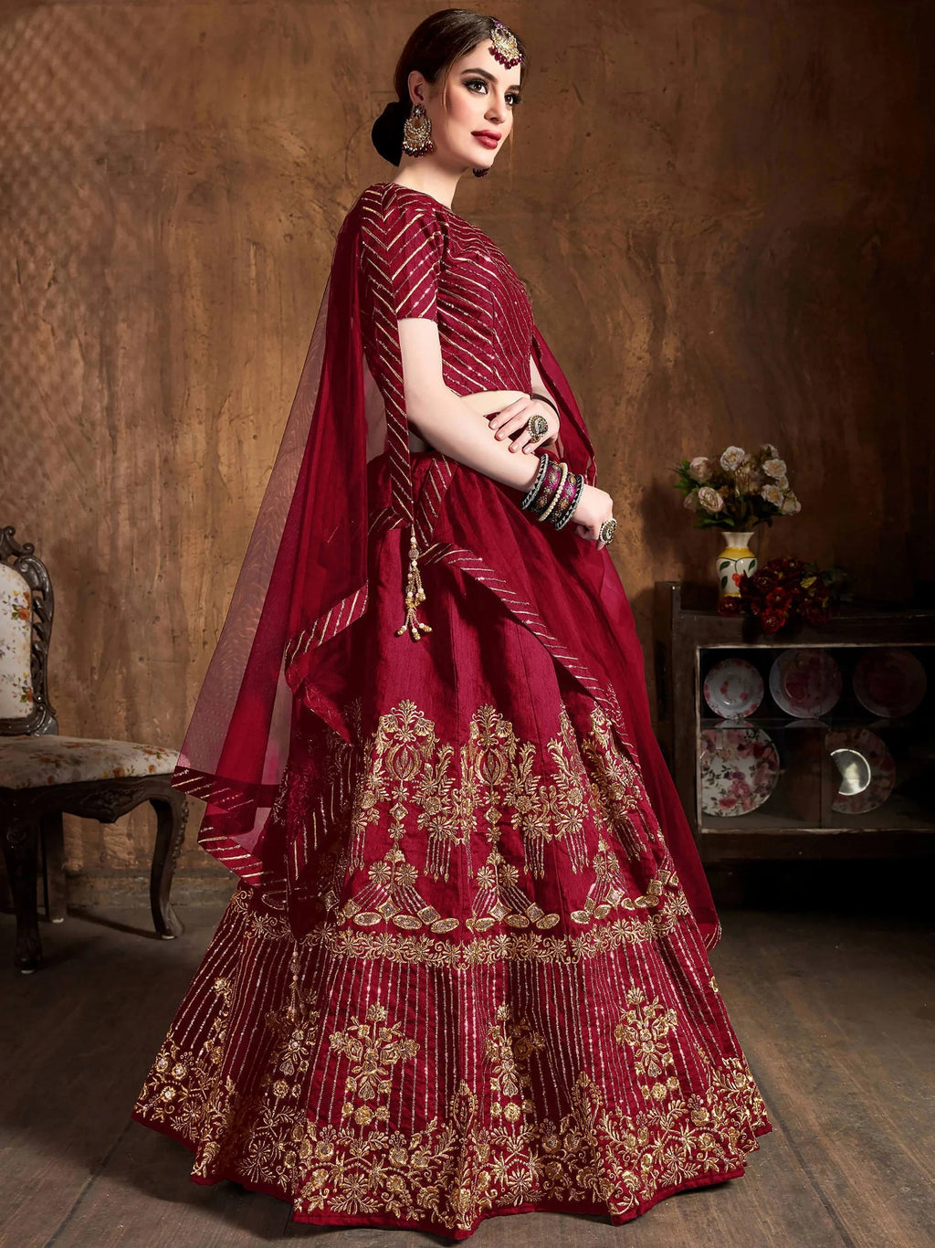 Maroon Zari Embroidery Art Silk Bridal Lehenga Choli With Dupatta