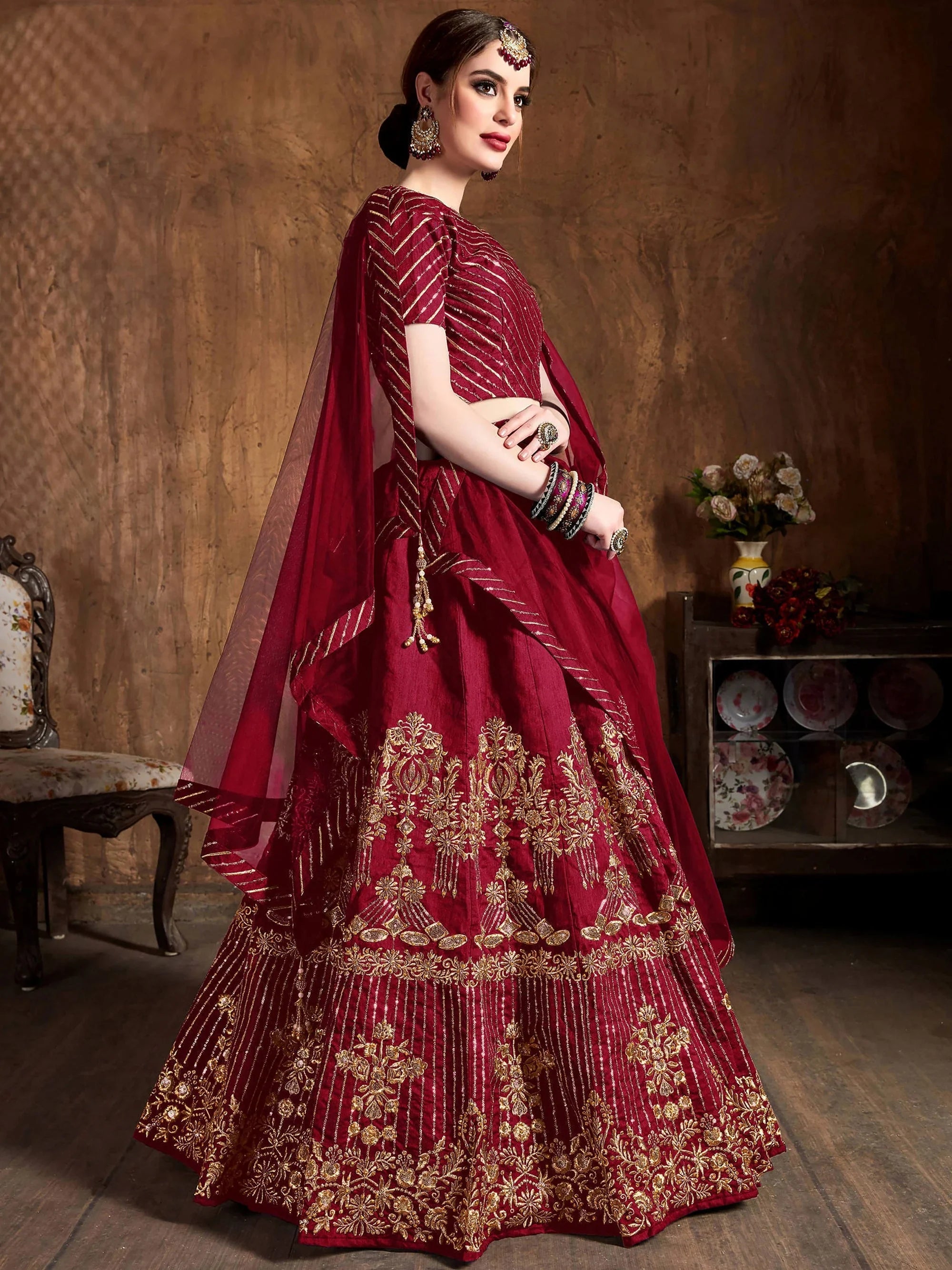 Maroon Zari Embroidery Art Silk Bridal Lehenga Choli With Dupatta