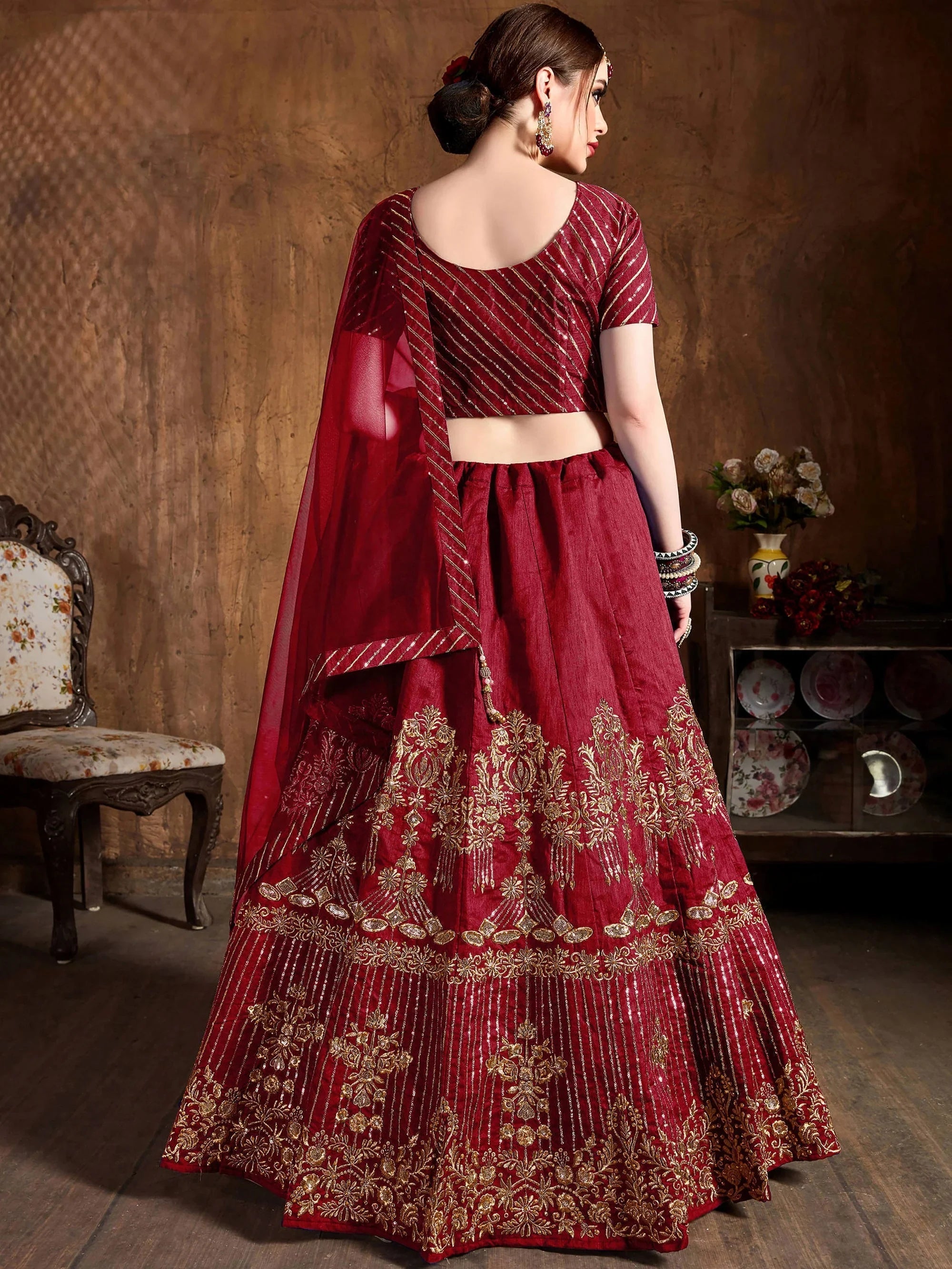 Maroon Zari Embroidery Art Silk Bridal Lehenga Choli With Dupatta