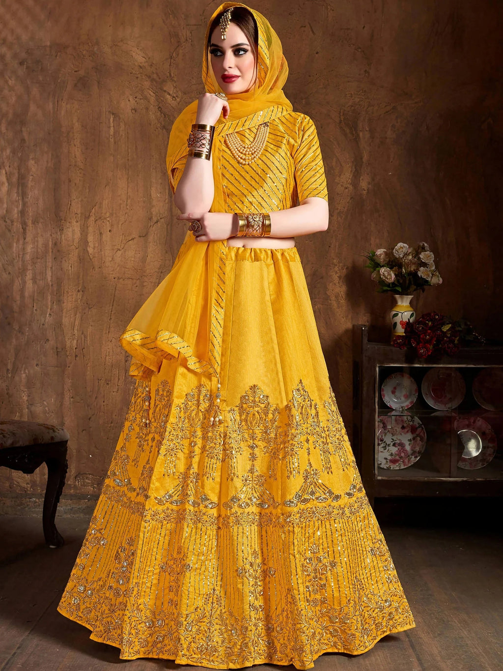 Alluring Yellow Embroidered Silk Haldi Wear Plus Size Lehenga Choli