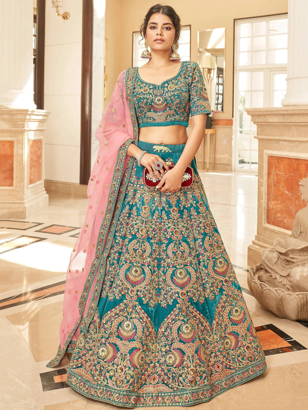Precious Blue Embroidered Velvet Marriage Wear Plus Size Lehenga Choli