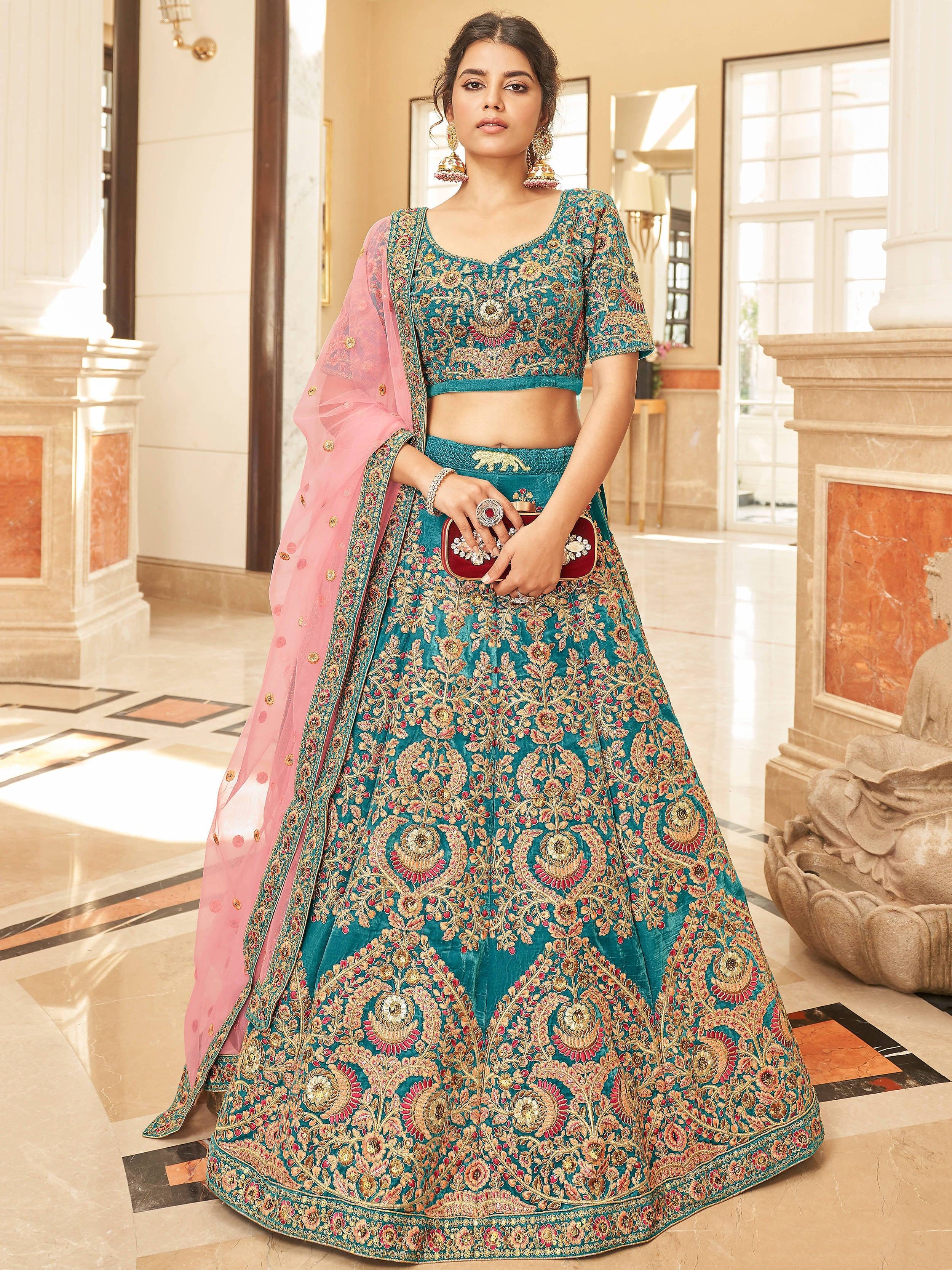 Teal Ravishing Heavy Embroidered Velvet Bridesmaid Lehenga Choli