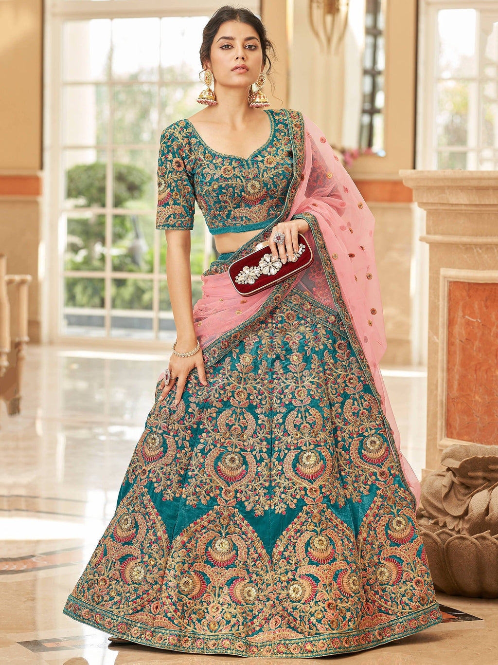Teal Ravishing Heavy Embroidered Velvet Bridesmaid Lehenga Choli