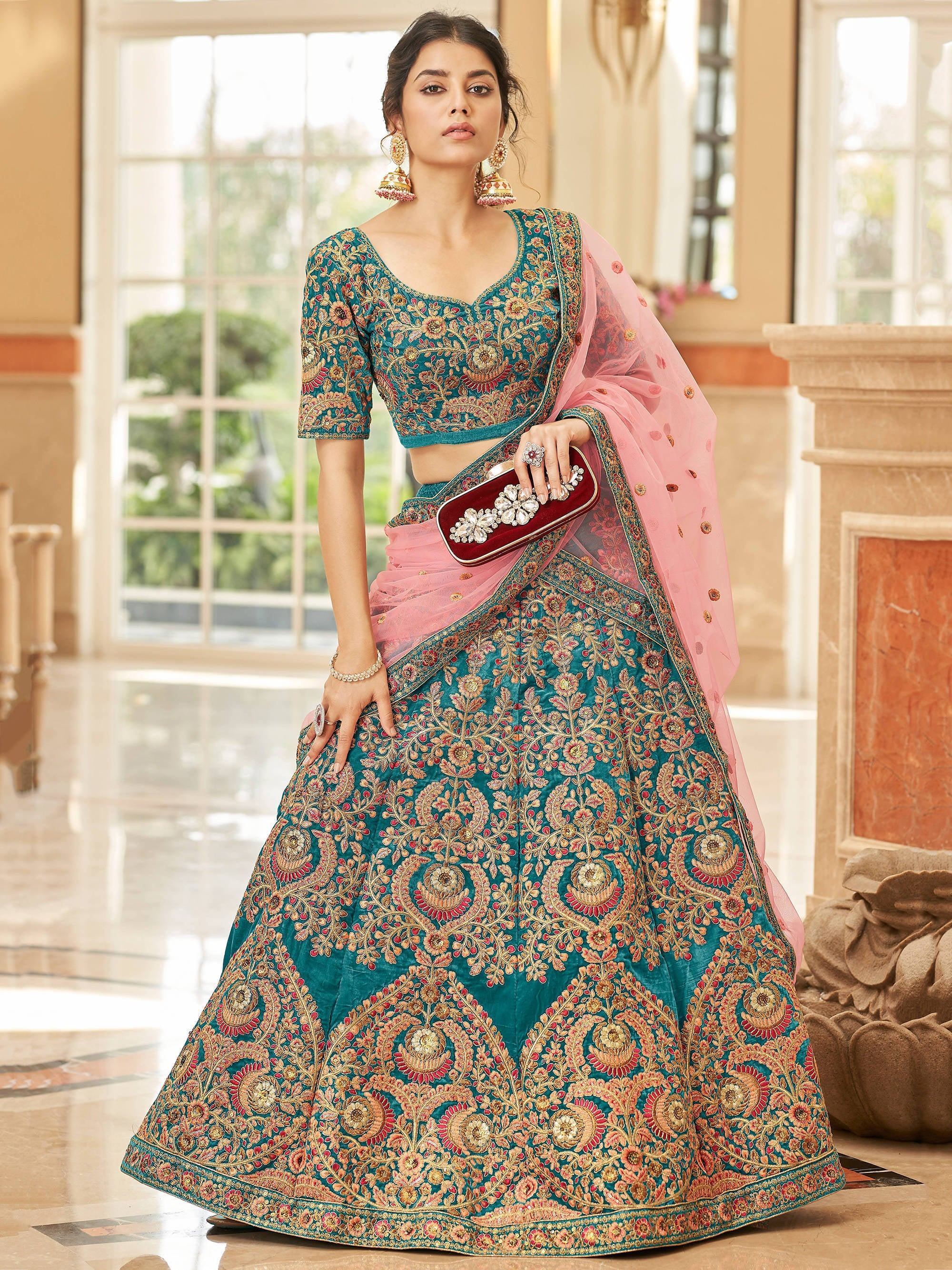 Teal Ravishing Heavy Embroidered Velvet Bridesmaid Lehenga Choli